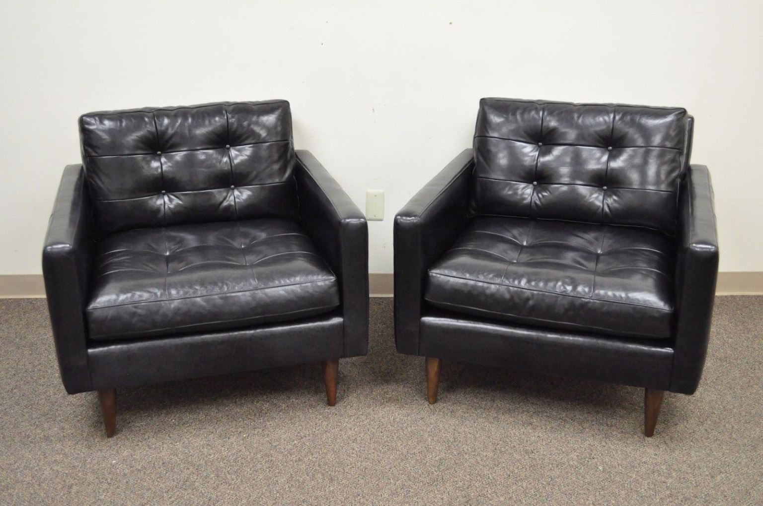 Pair Of Crate And Barrel Petrie Tufted Leather Black Modern Club