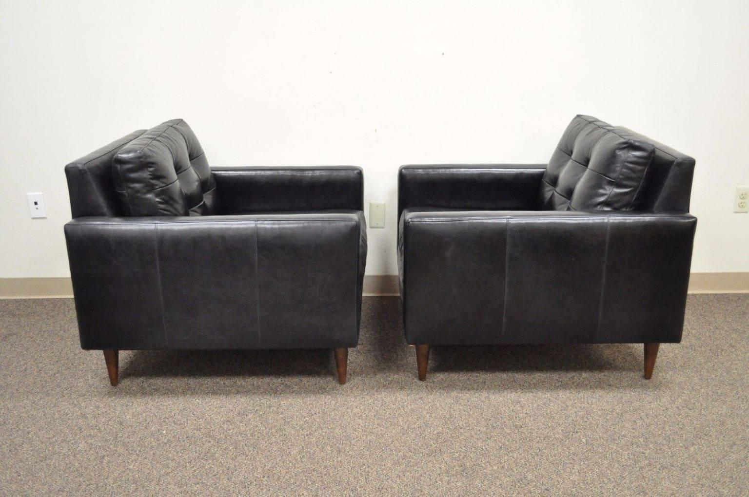 Pair of Crate & Barrel Petrie Tufted Leather Black Modern Club Lounge Chairs 1