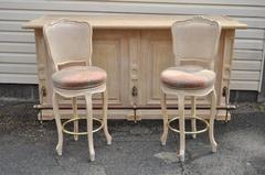 French Louis XV Style Bar Counter and Pair of Cane Swivel Bar Stool Chairs