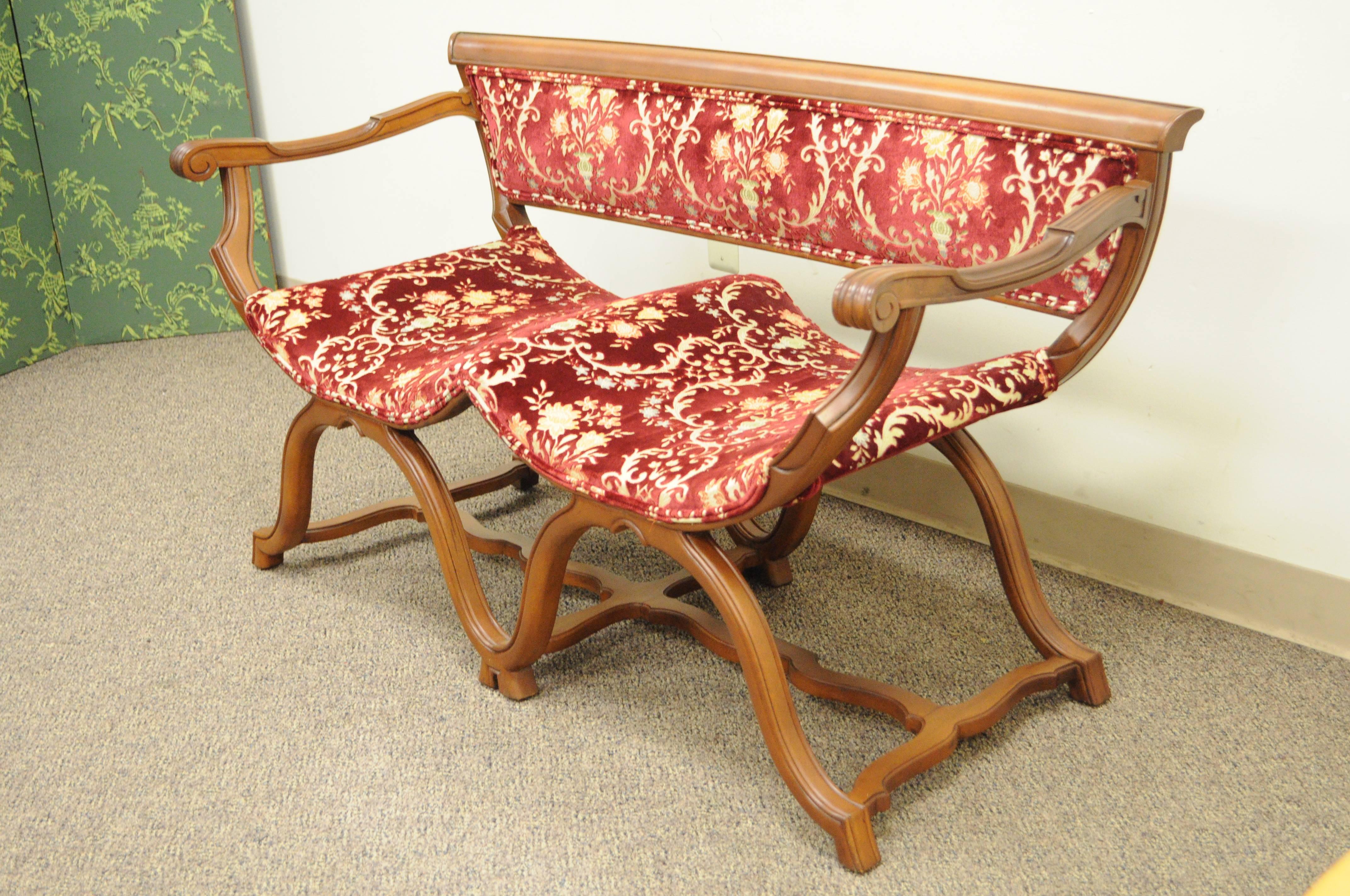 Vintage Hollywood Regency Double Curule X-Frame Settee Savonarola Bench Chair For Sale 1