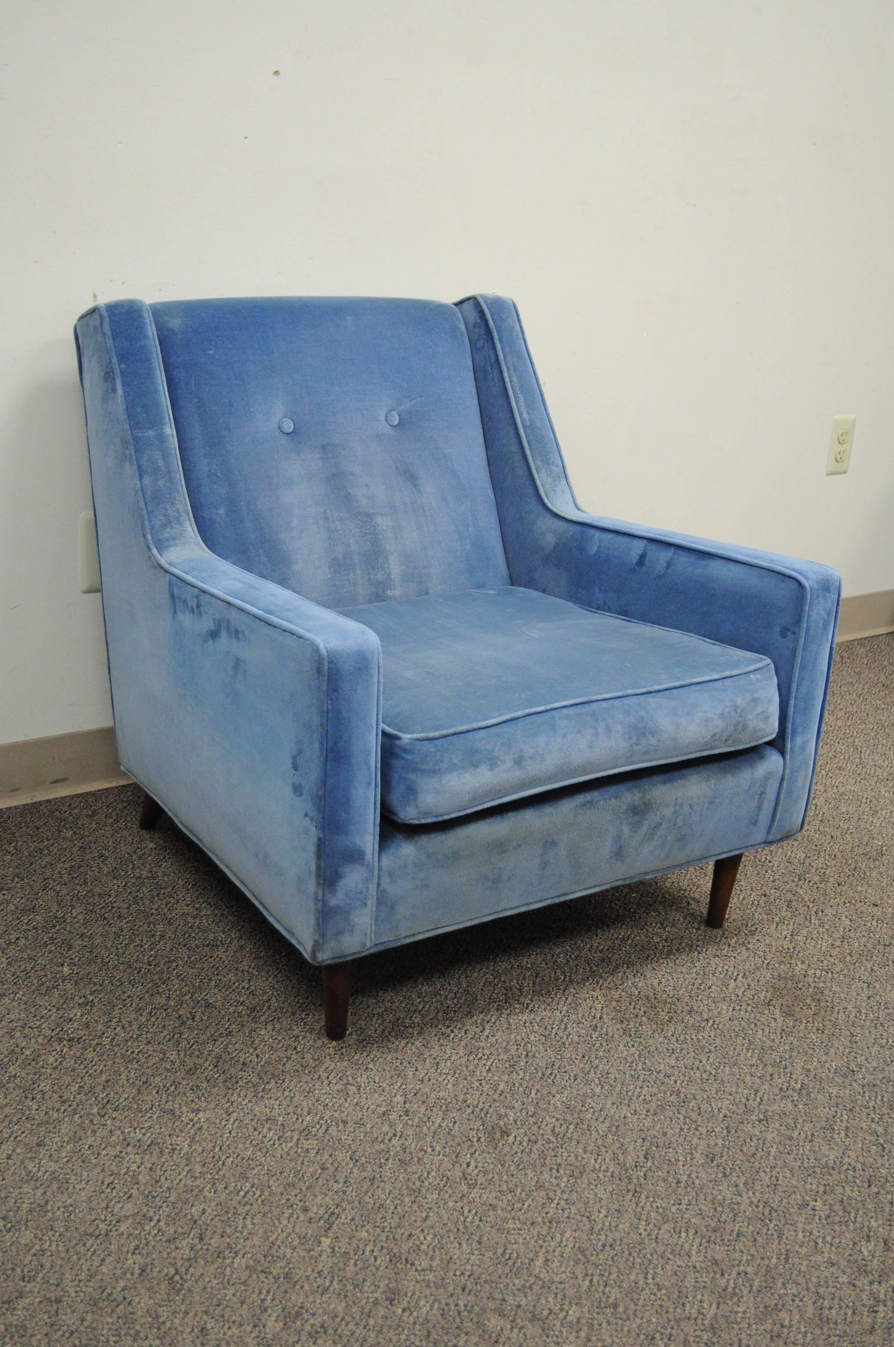 Upholstery Vintage Mid Century Modern Walnut Frame Blue Club Lounge Chair after Paul McCobb For Sale