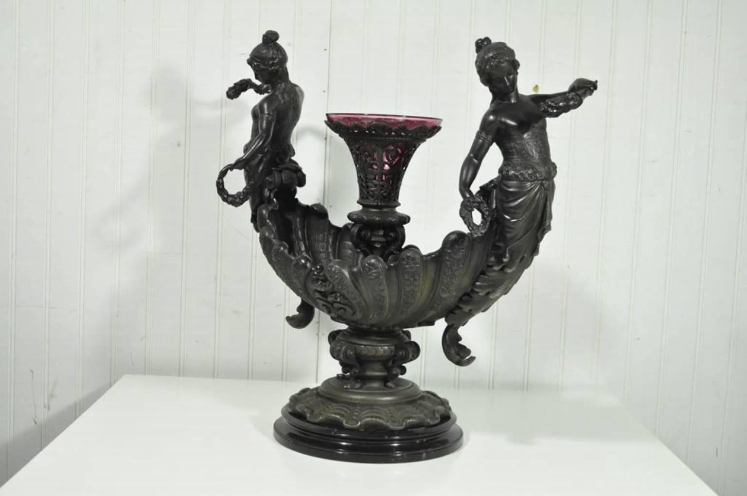 Antique Victorian Spelter & Marble Figural Mermaid Centerpiece Bowl Epergne Vase 2