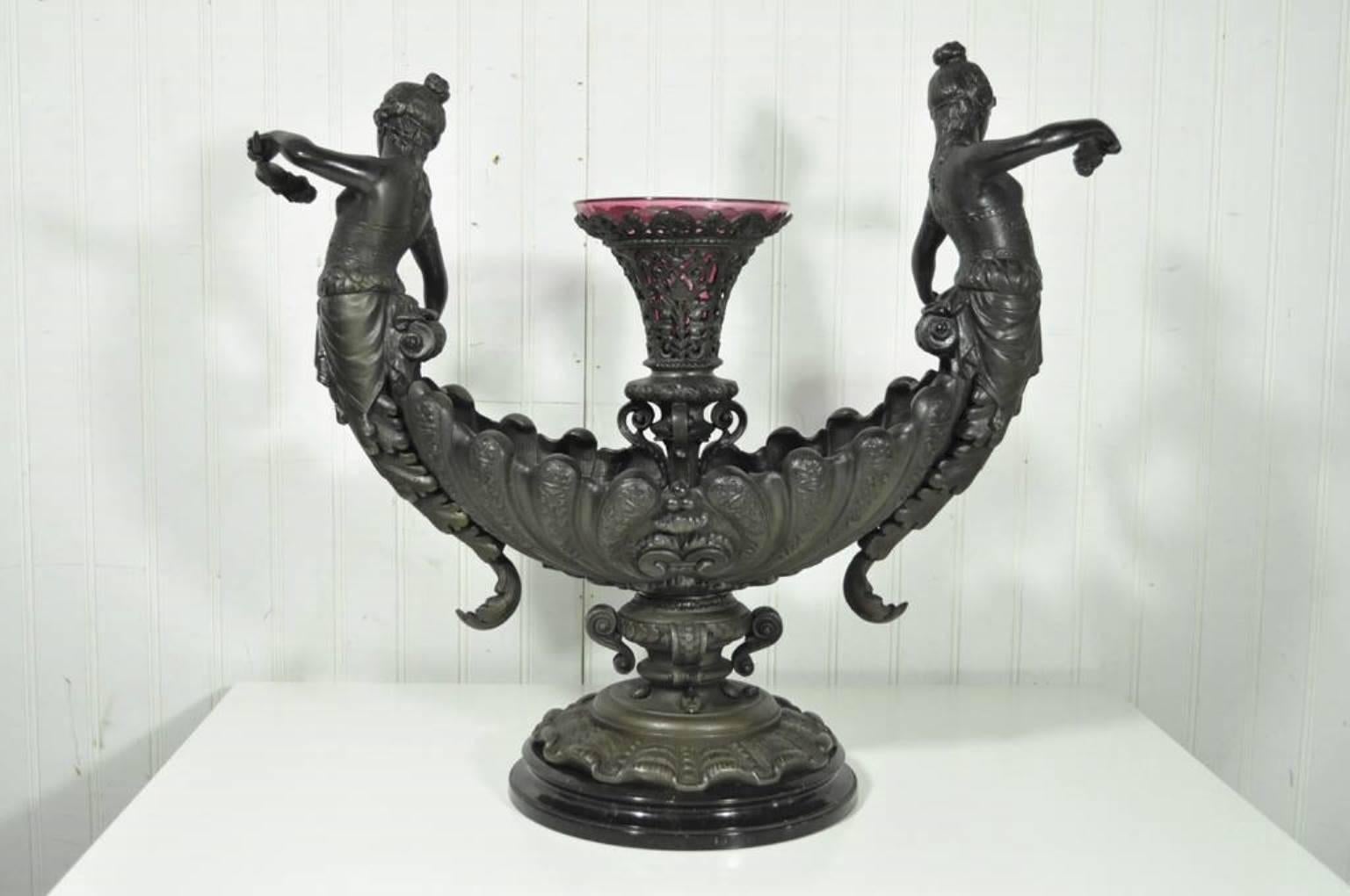 Antique Victorian Spelter & Marble Figural Mermaid Centerpiece Bowl Epergne Vase 1