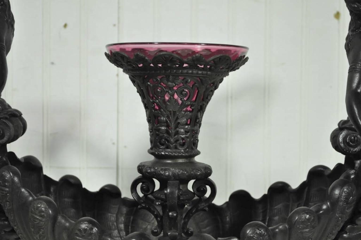 Antique Victorian Spelter & Marble Figural Mermaid Centerpiece Bowl Epergne Vase In Good Condition In Philadelphia, PA