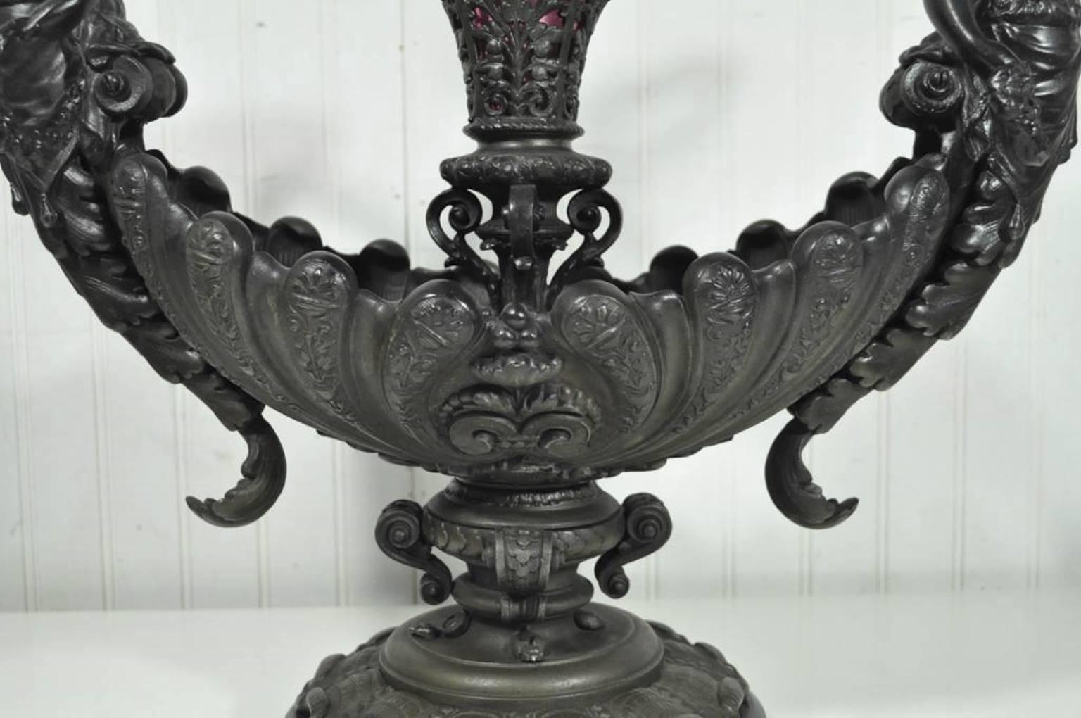 American Antique Victorian Spelter & Marble Figural Mermaid Centerpiece Bowl Epergne Vase