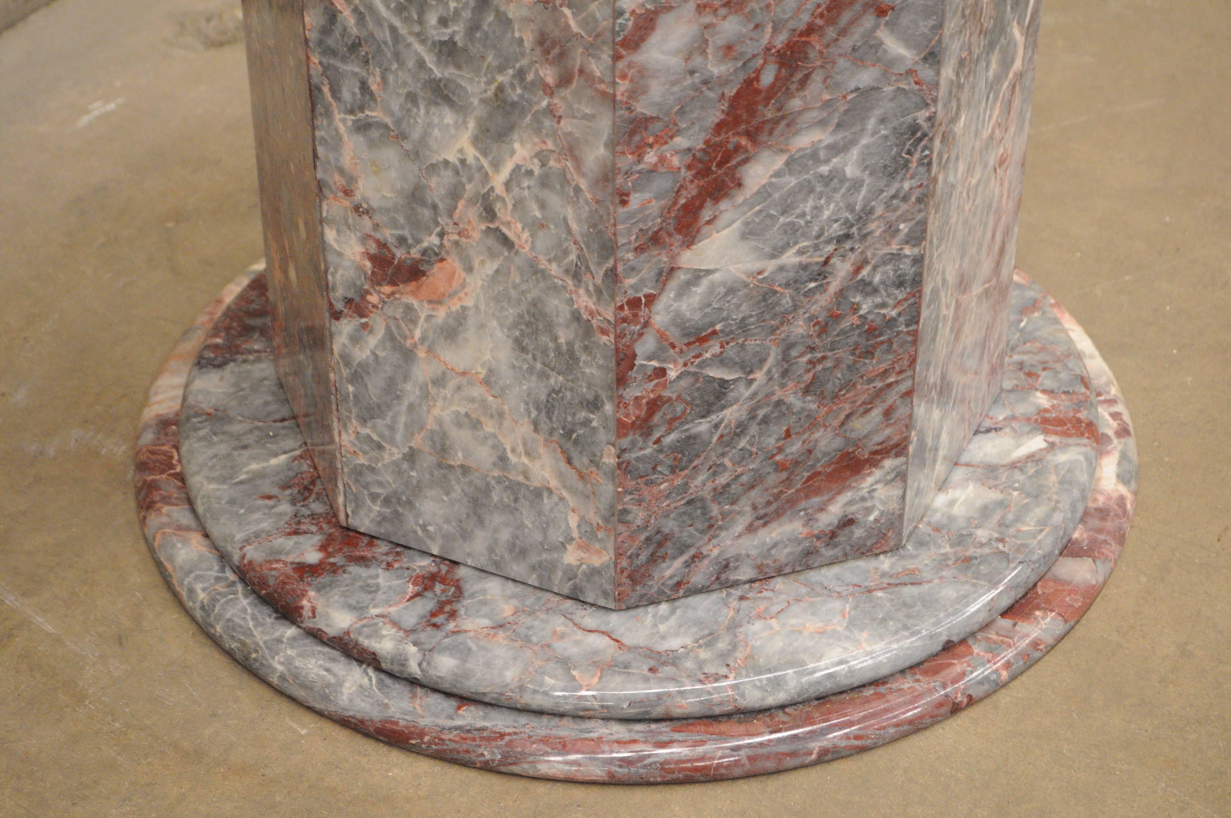 Vintage Italian Rogue Marble Octagonal Dining Table Pedestal Base Grey Pink Vein In Good Condition In Philadelphia, PA
