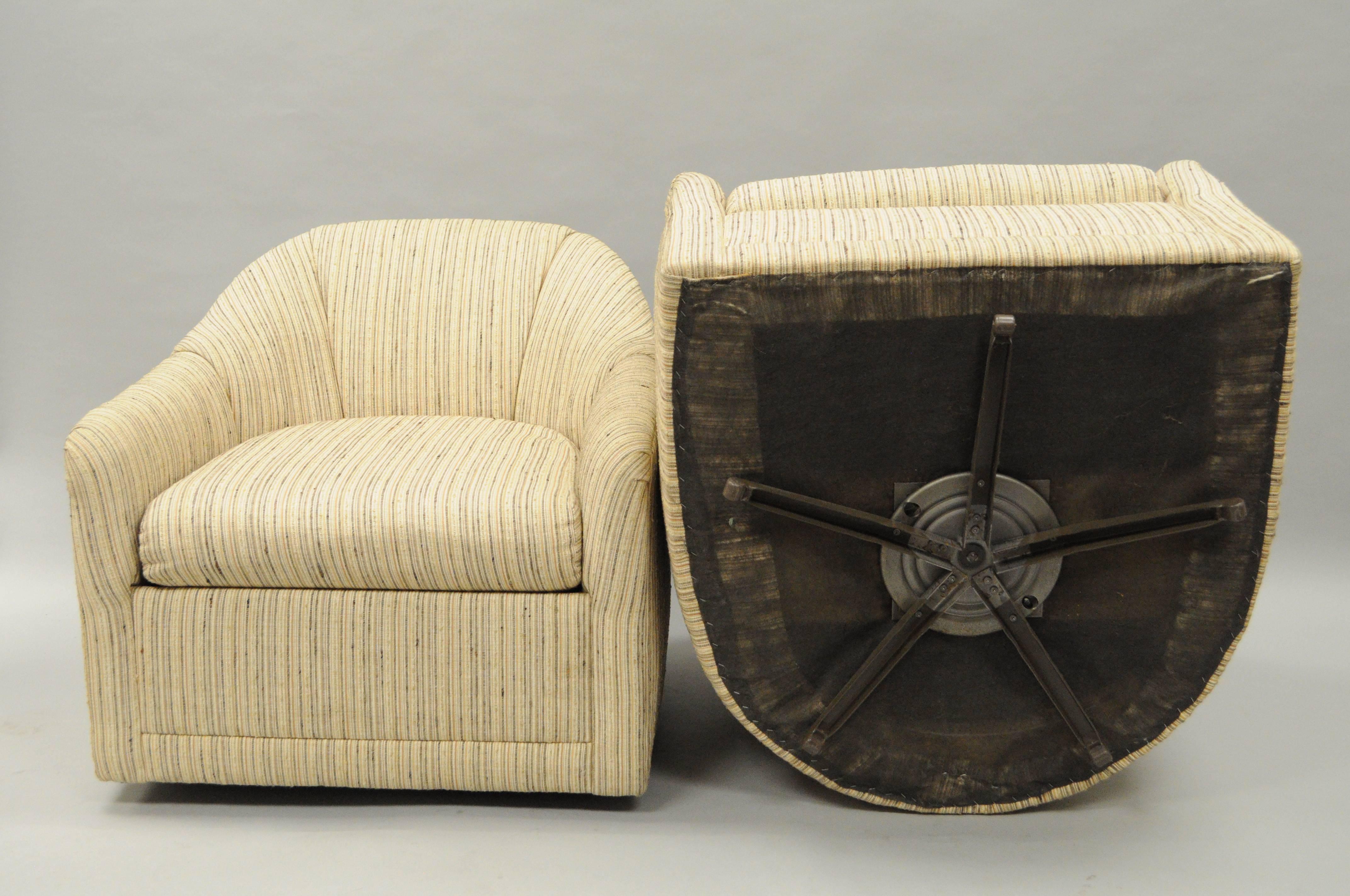 Late 20th Century Pair Selig Mid Century Modern Upholstered Barrel Back Swivel Club Lounge Chairs