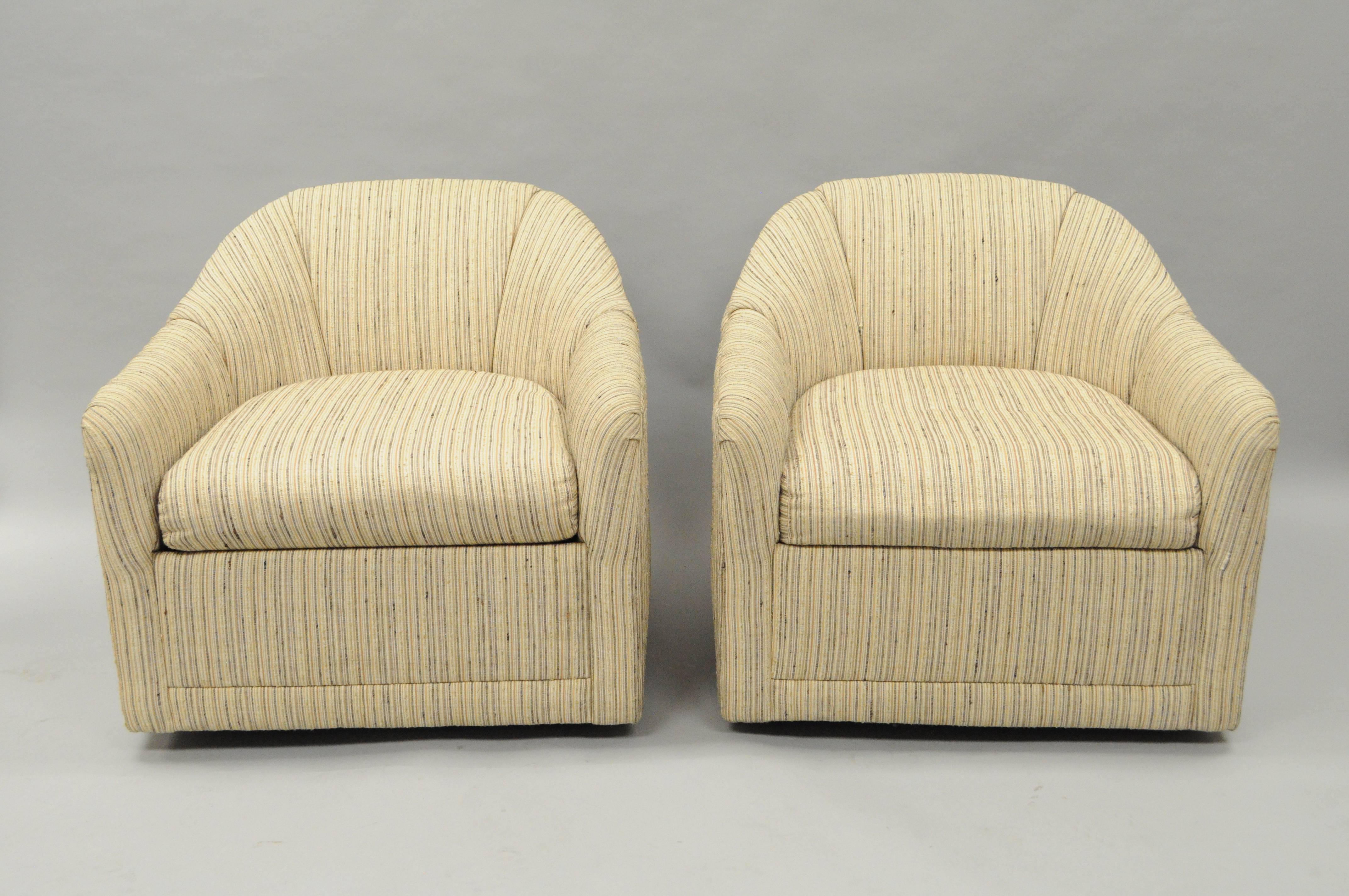 Pair Selig Mid Century Modern Upholstered Barrel Back Swivel Club Lounge Chairs 1