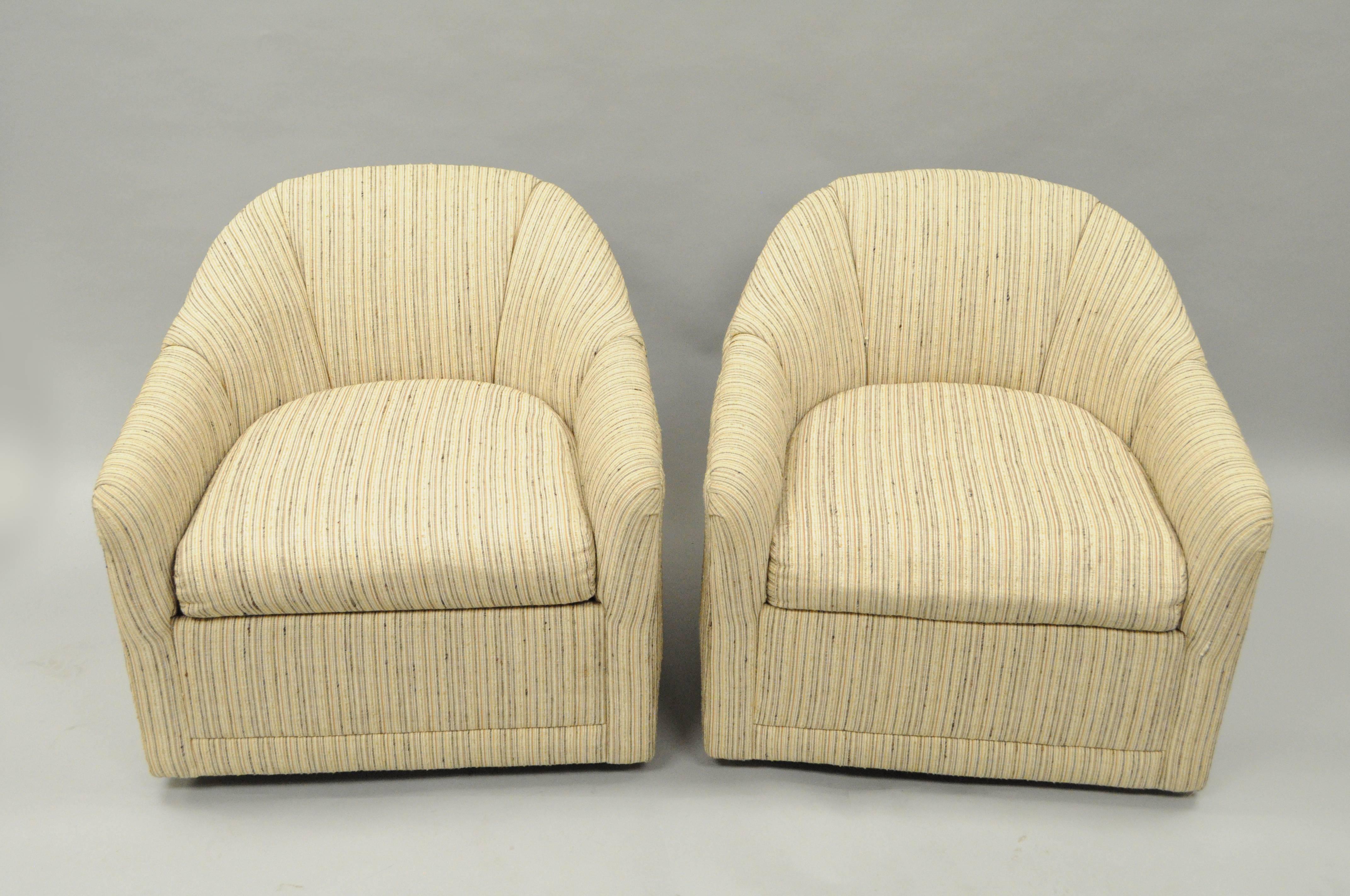 Mid-Century Modern Pair Selig Mid Century Modern Upholstered Barrel Back Swivel Club Lounge Chairs