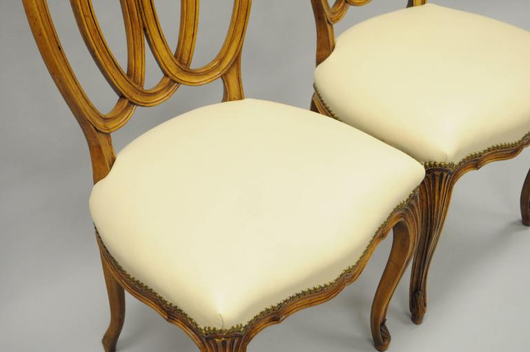 Set of Four Triple Oval Back Walnut Leather Dining Side Chairs French