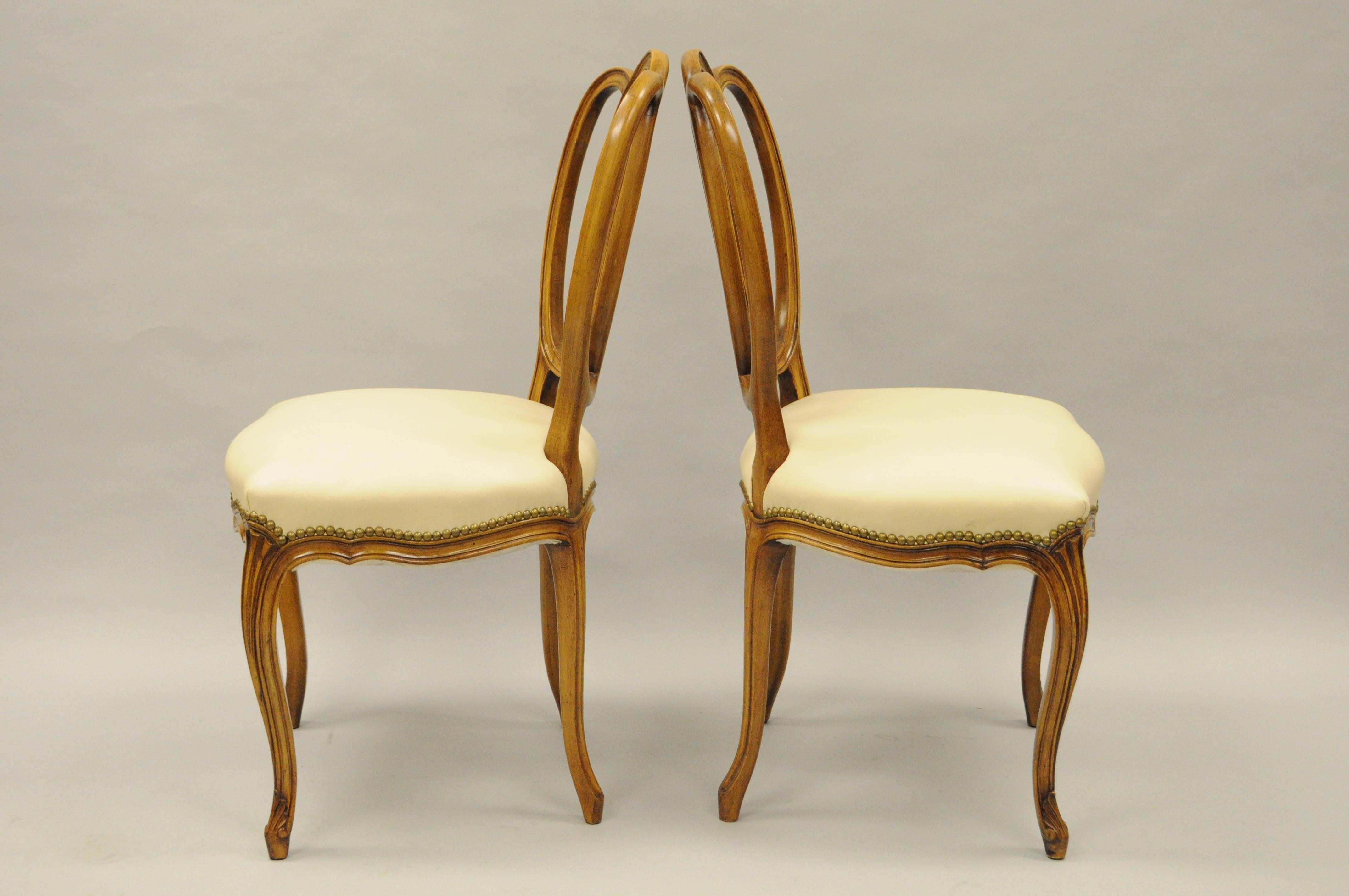 Mid-20th Century Set of 4 French Provincial Triple Oval Pretzel Back Walnut Leather Dining Chairs