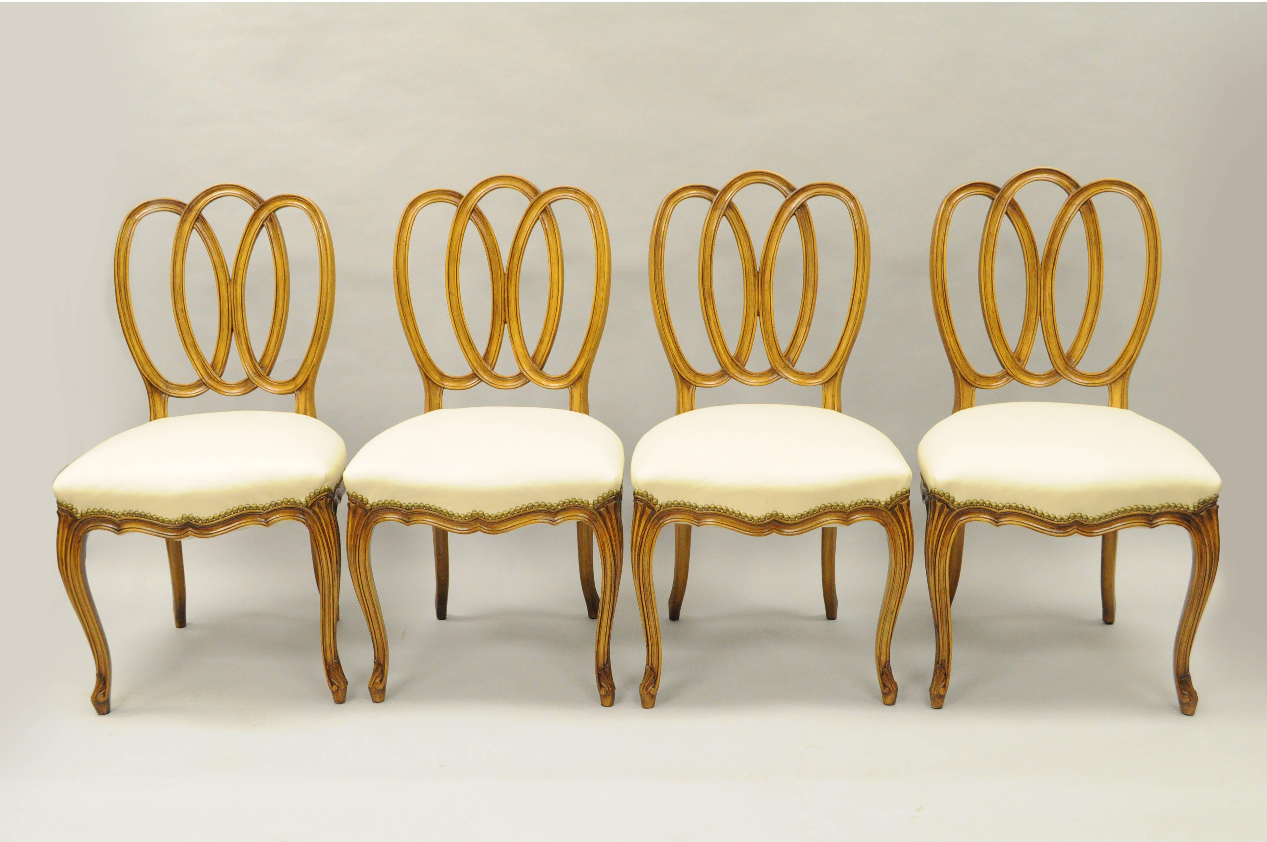 Set of 4 French Provincial Triple Oval Pretzel Back Walnut Leather Dining Chairs 2