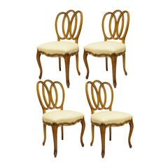Set of Four Triple Oval Back Walnut Leather Dining Side Chairs French Provincial 1