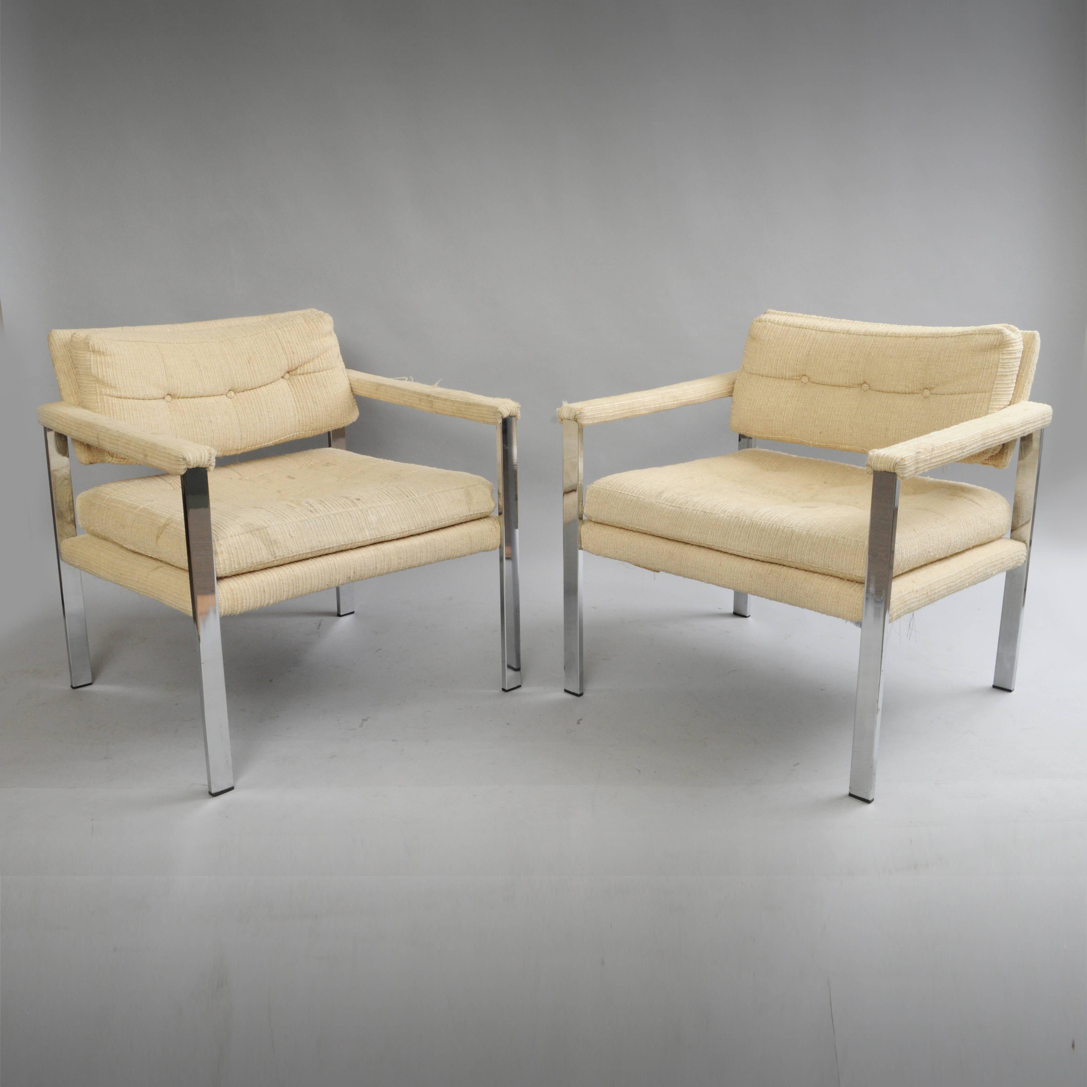 Upholstery Pair Mid Century Modern Flat Bar Chrome Club Lounge Chairs after Milo Baughman