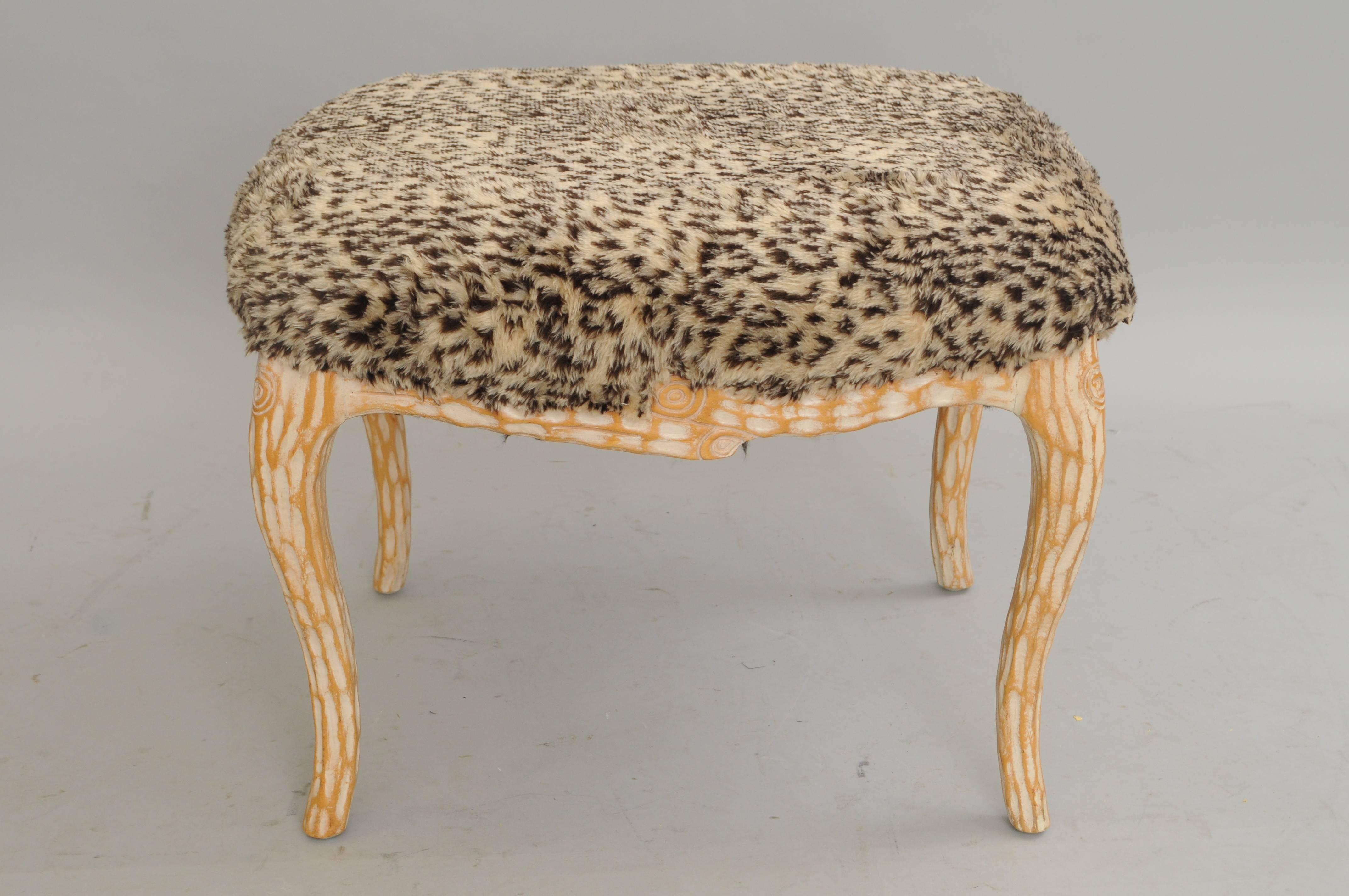 Vintage Hollywood Regency Faux Bois Carved Wood Stool with Fuzzy Leopard Seat. Item features a solid carved wood frame and fuzzy leopard print upholstery. Very unique and rare stool. Great for use in a Mid-Century Modern, Hollywood Regency,