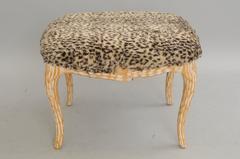 Vintage Hollywood Regency Faux Bois Wood Stool Bench Ottoman Fuzzy Leopard Seat