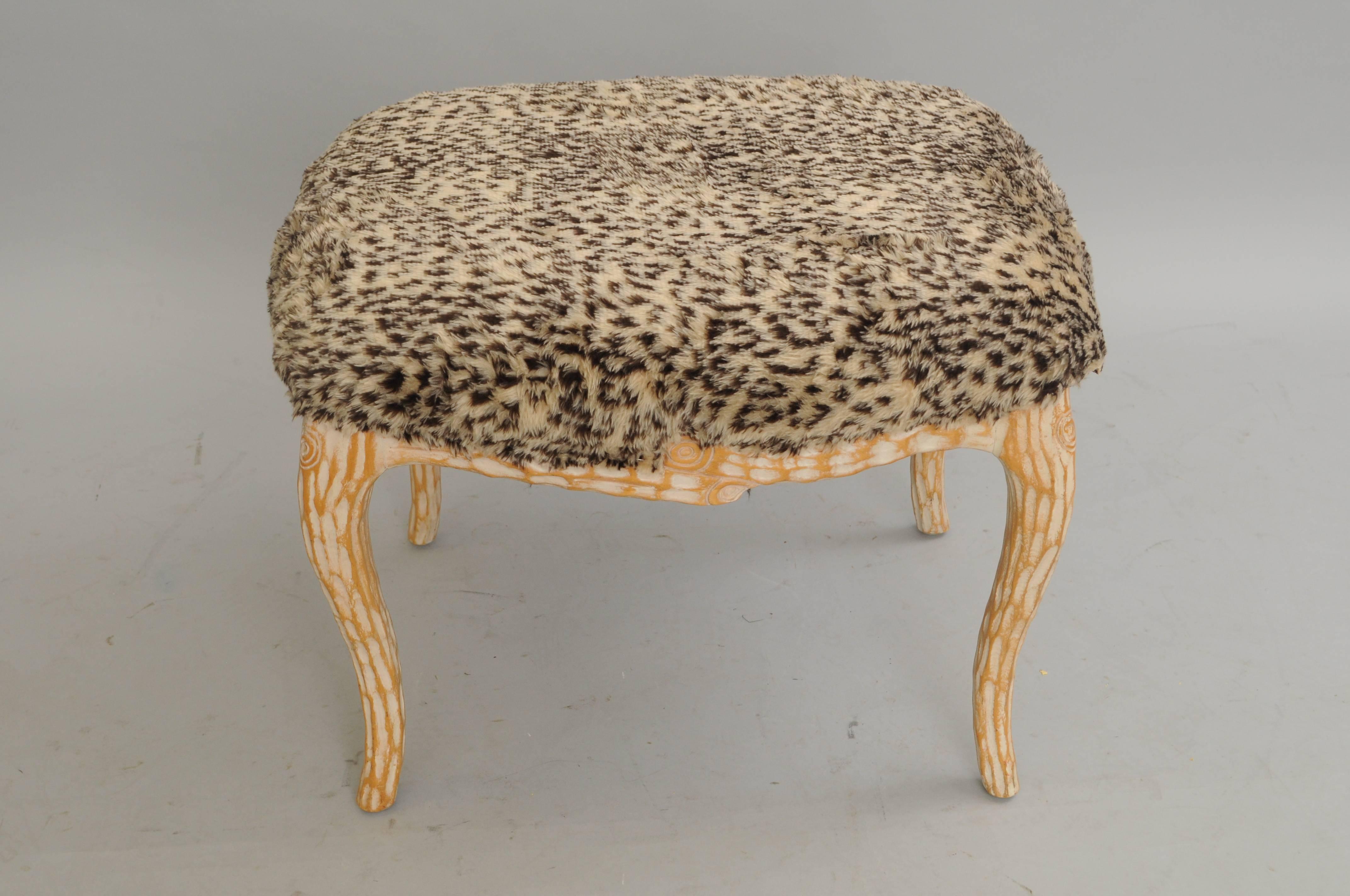 Vintage Hollywood Regency Faux Bois Wood Stool Bench Ottoman Fuzzy Leopard Seat In Good Condition In Philadelphia, PA