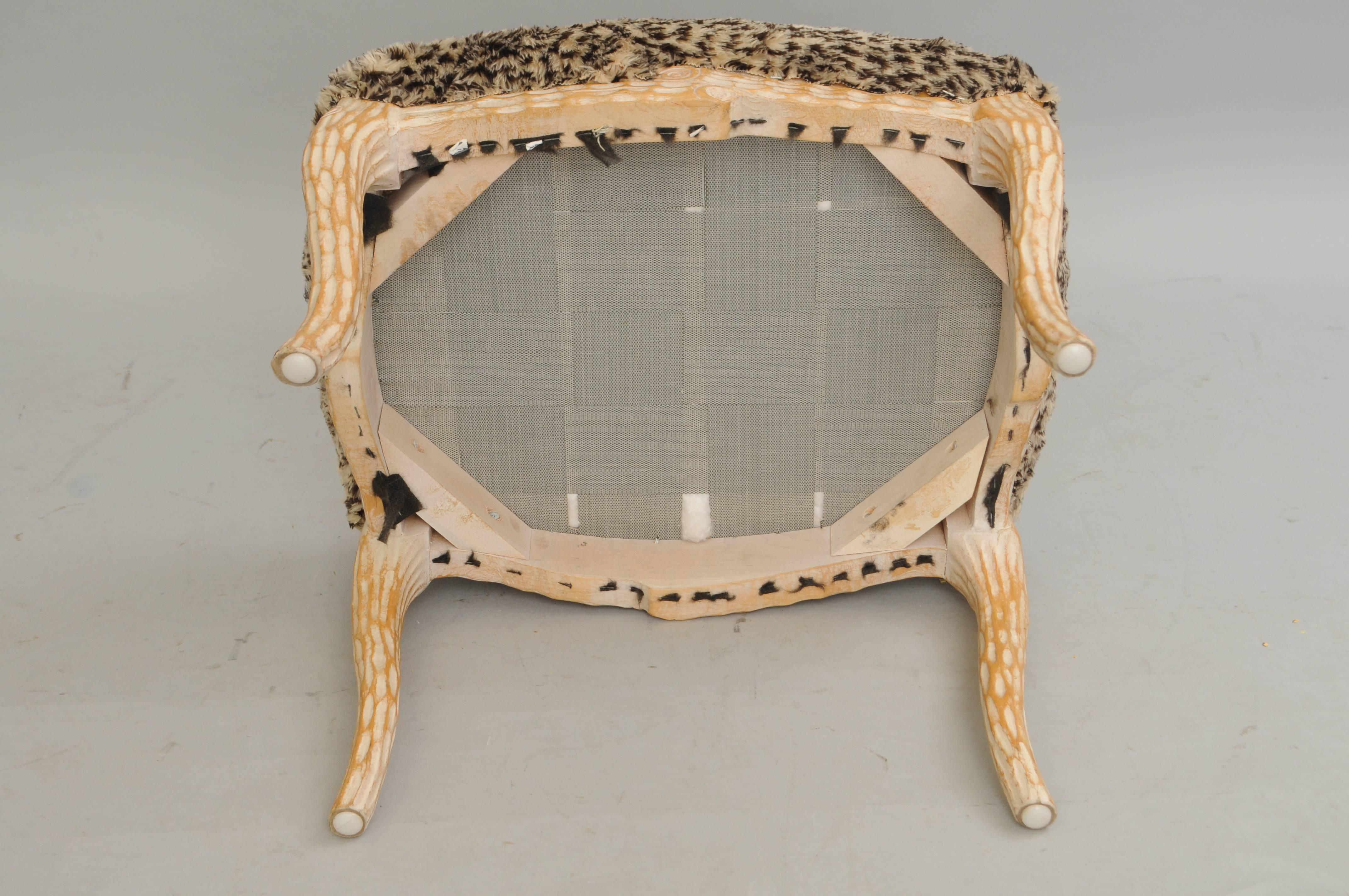 Carved Vintage Hollywood Regency Faux Bois Wood Stool Bench Ottoman Fuzzy Leopard Seat