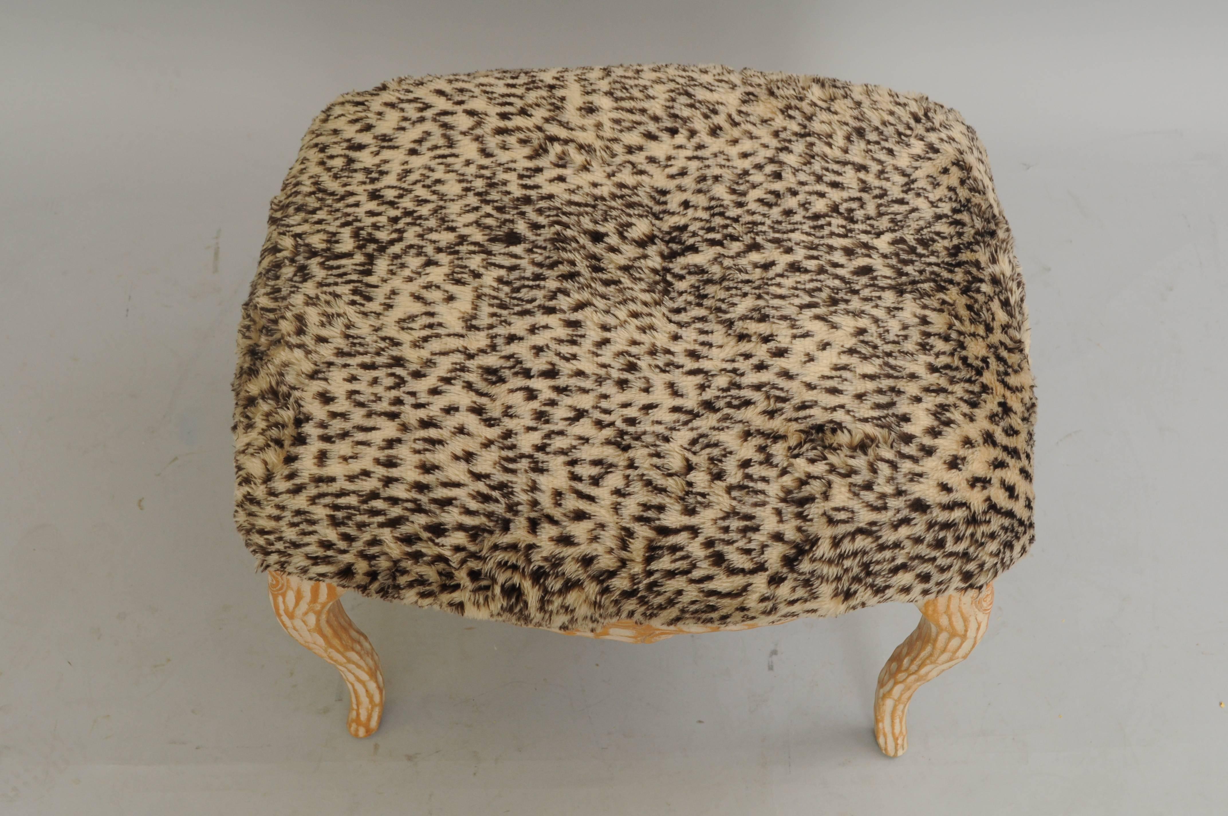 American Vintage Hollywood Regency Faux Bois Wood Stool Bench Ottoman Fuzzy Leopard Seat