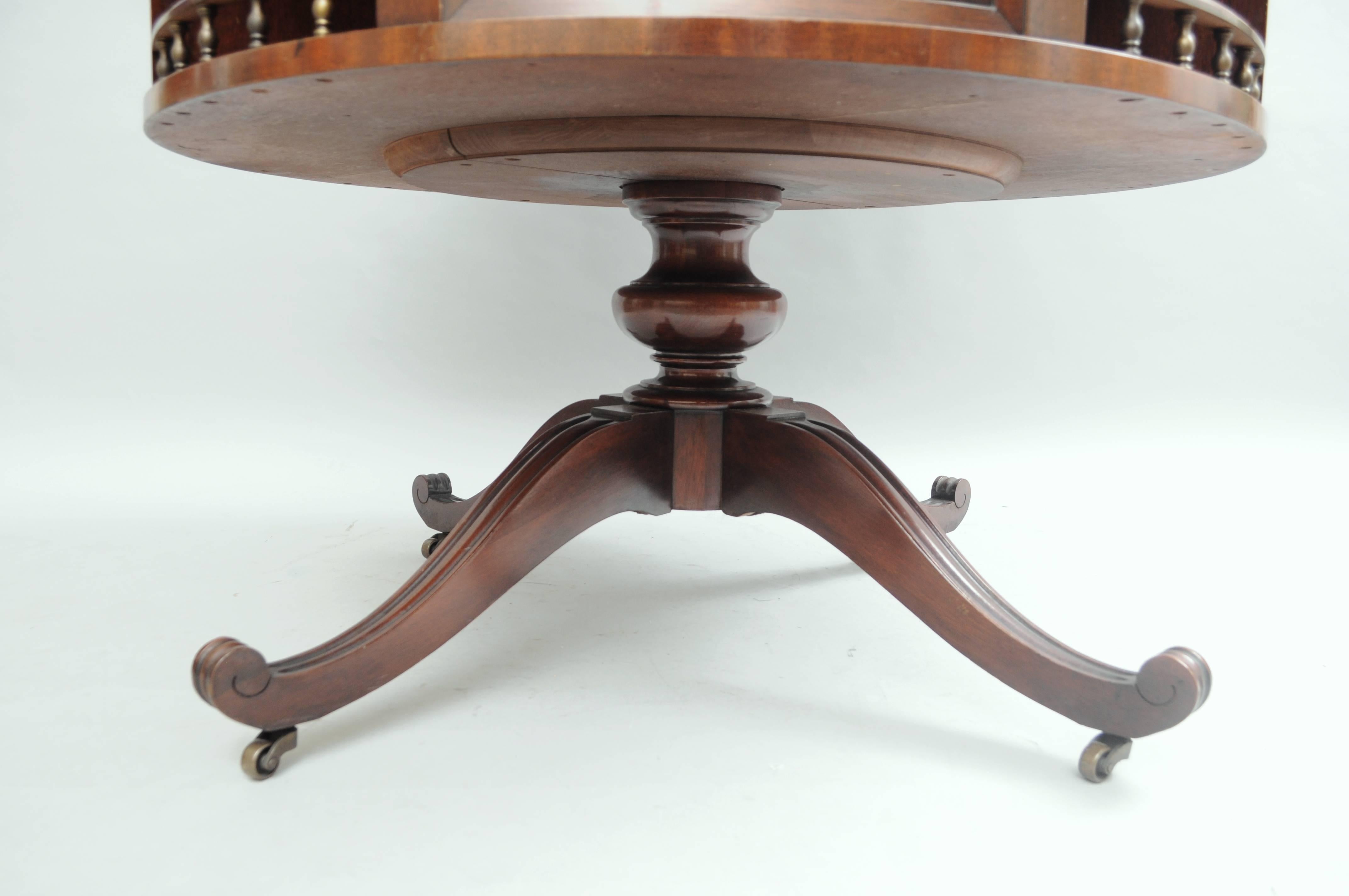 American Round Mahogany Revolving Regency Style Library Drum Table Sunburst Banded Inlaid