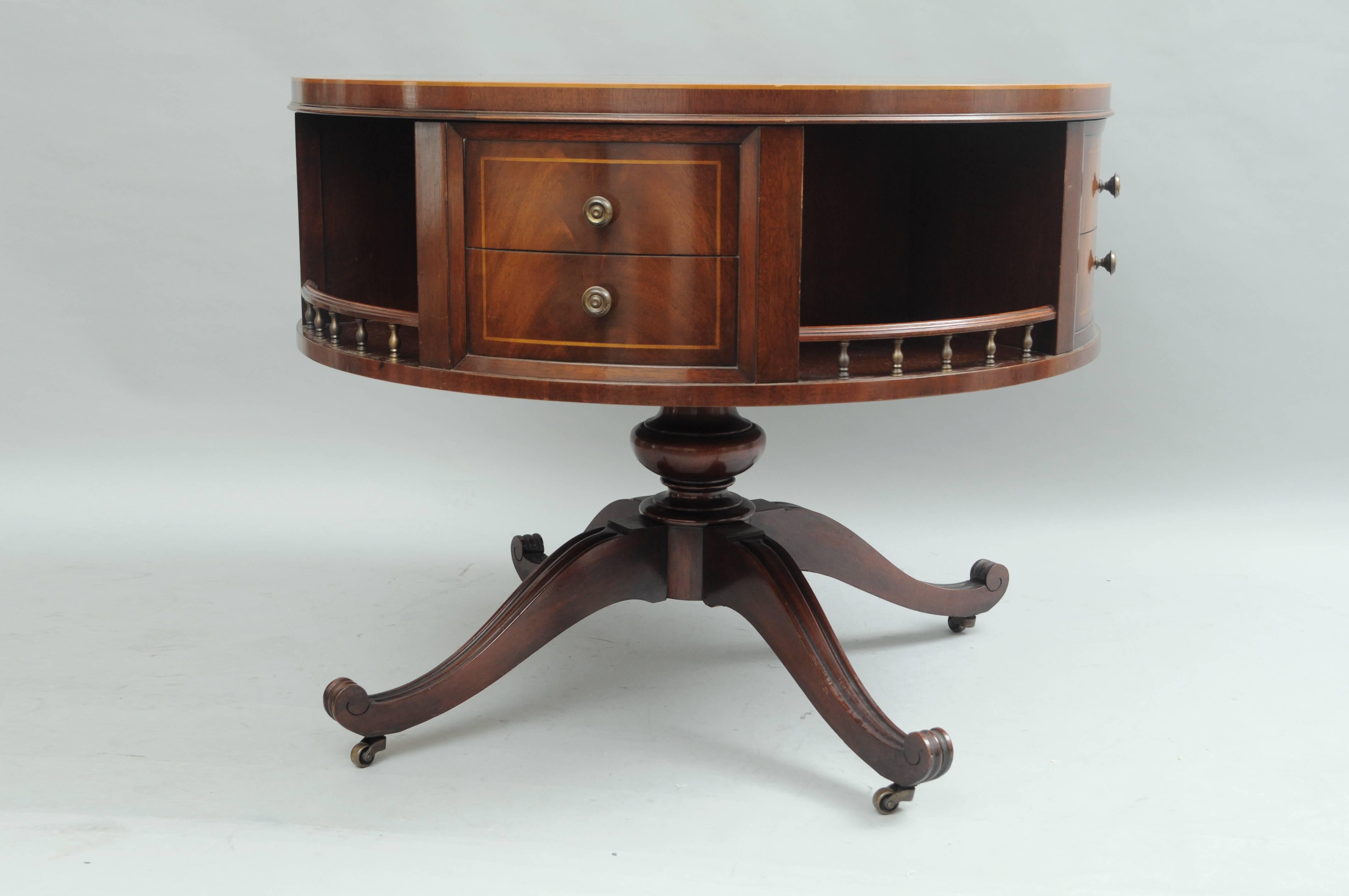 Mid-20th Century Round Mahogany Revolving Regency Style Library Drum Table Sunburst Banded Inlaid