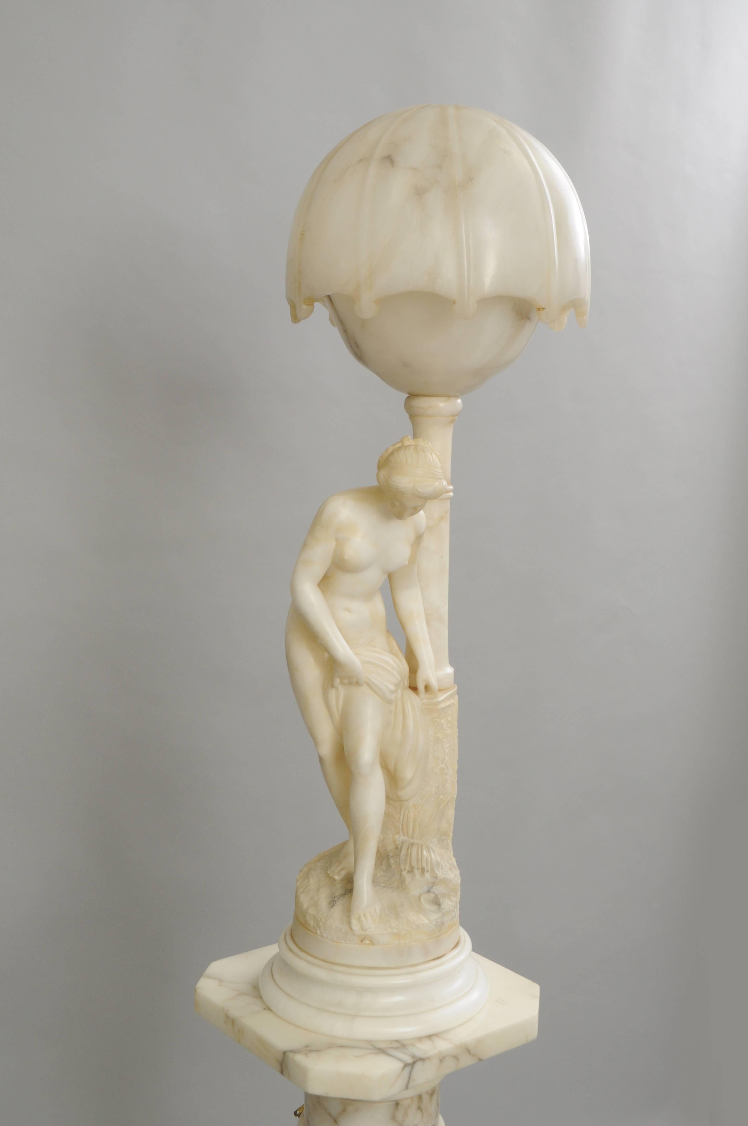 Art Nouveau Carved Alabaster & Marble Lamp on Pedestal Figural Nude Deco Maiden 2