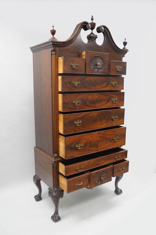 19th C Crotch Mahogany Chippendale Ball And Claw Highboy Tall