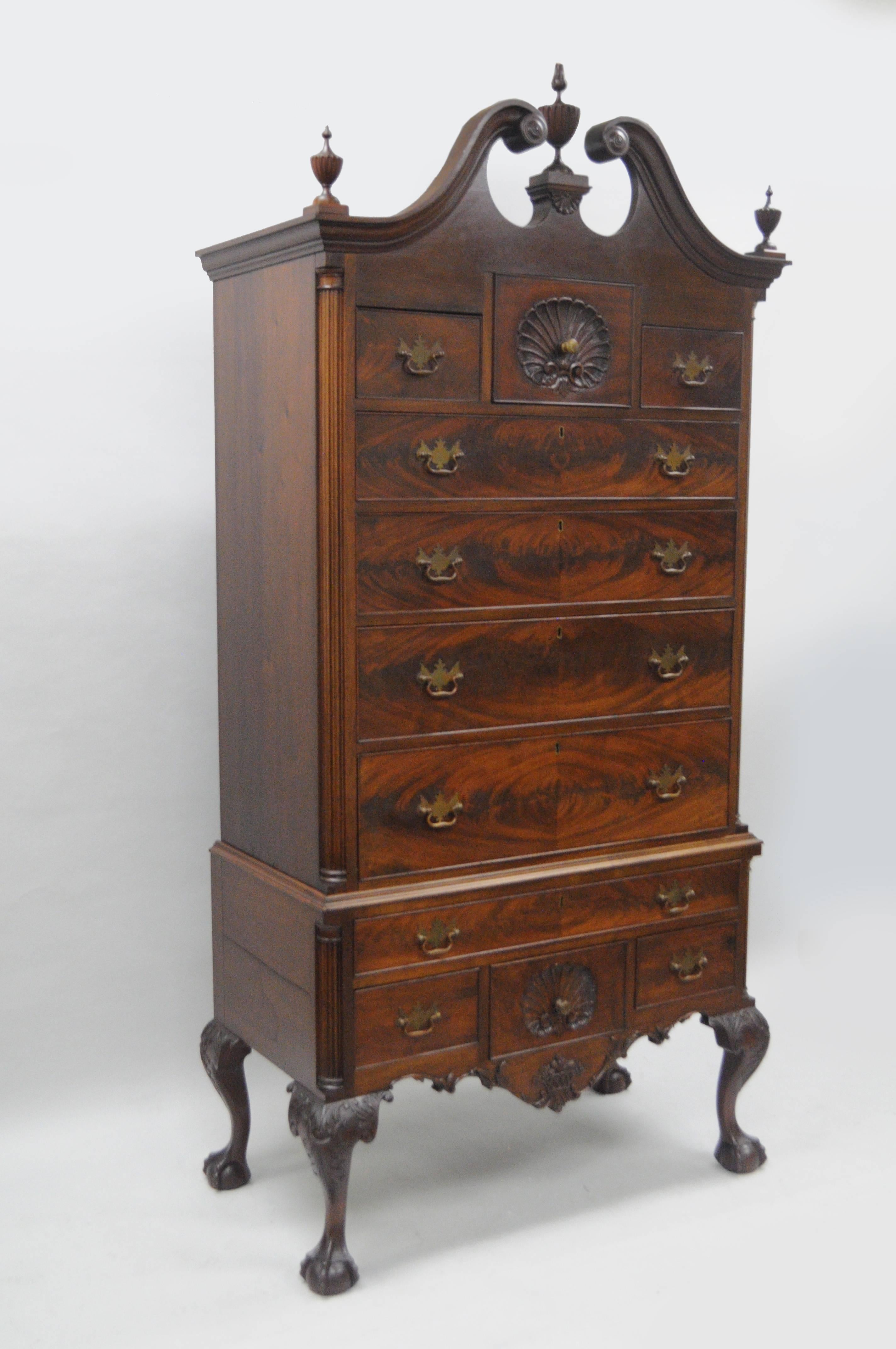 19th C. Crotch Mahogany Chippendale Ball and Claw Highboy Tall Chest of Drawers For Sale 1