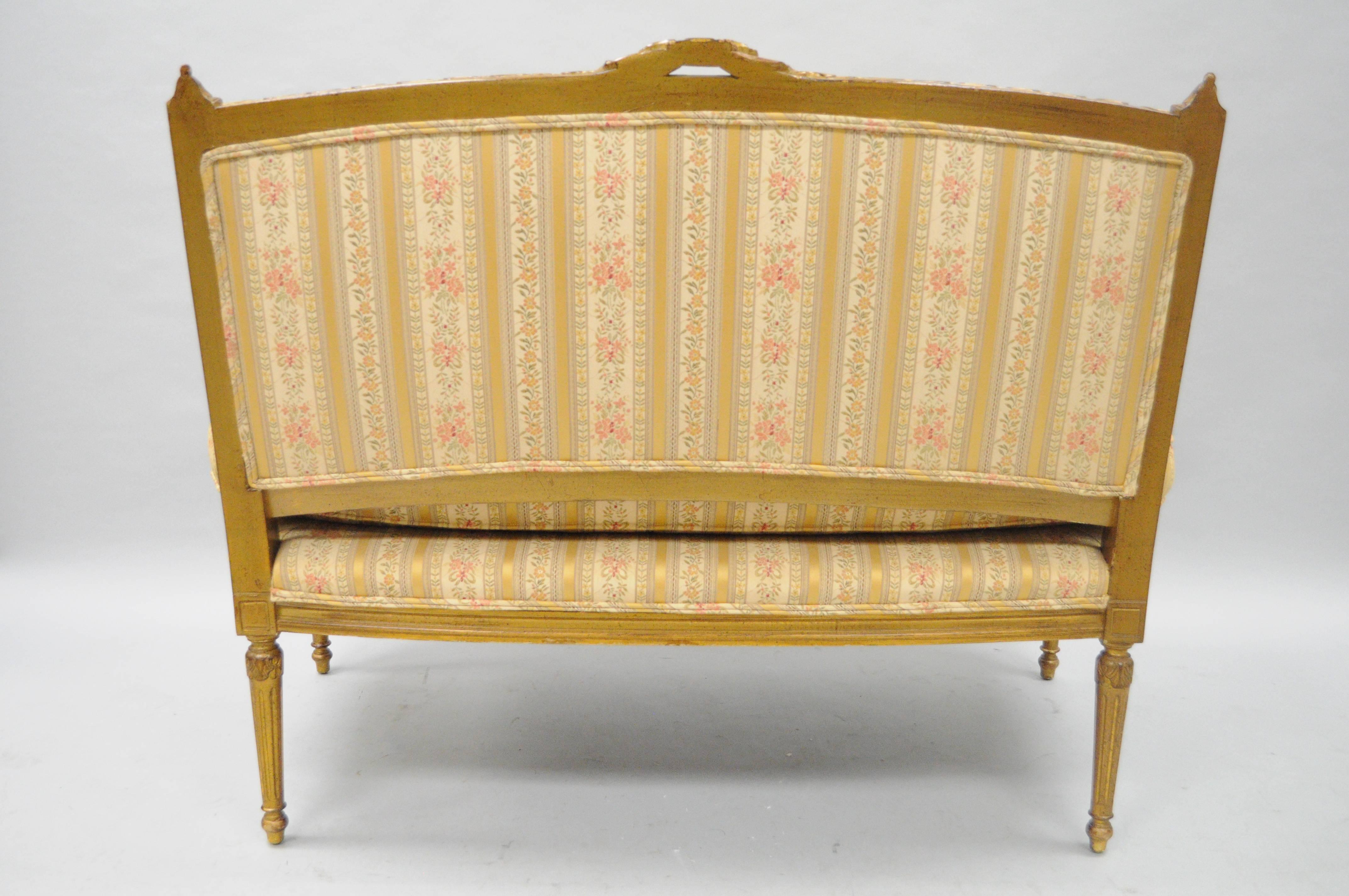 Gold French Louis XVI Directoire Style Settee Loveseat Carved Upholstered Sofa 2