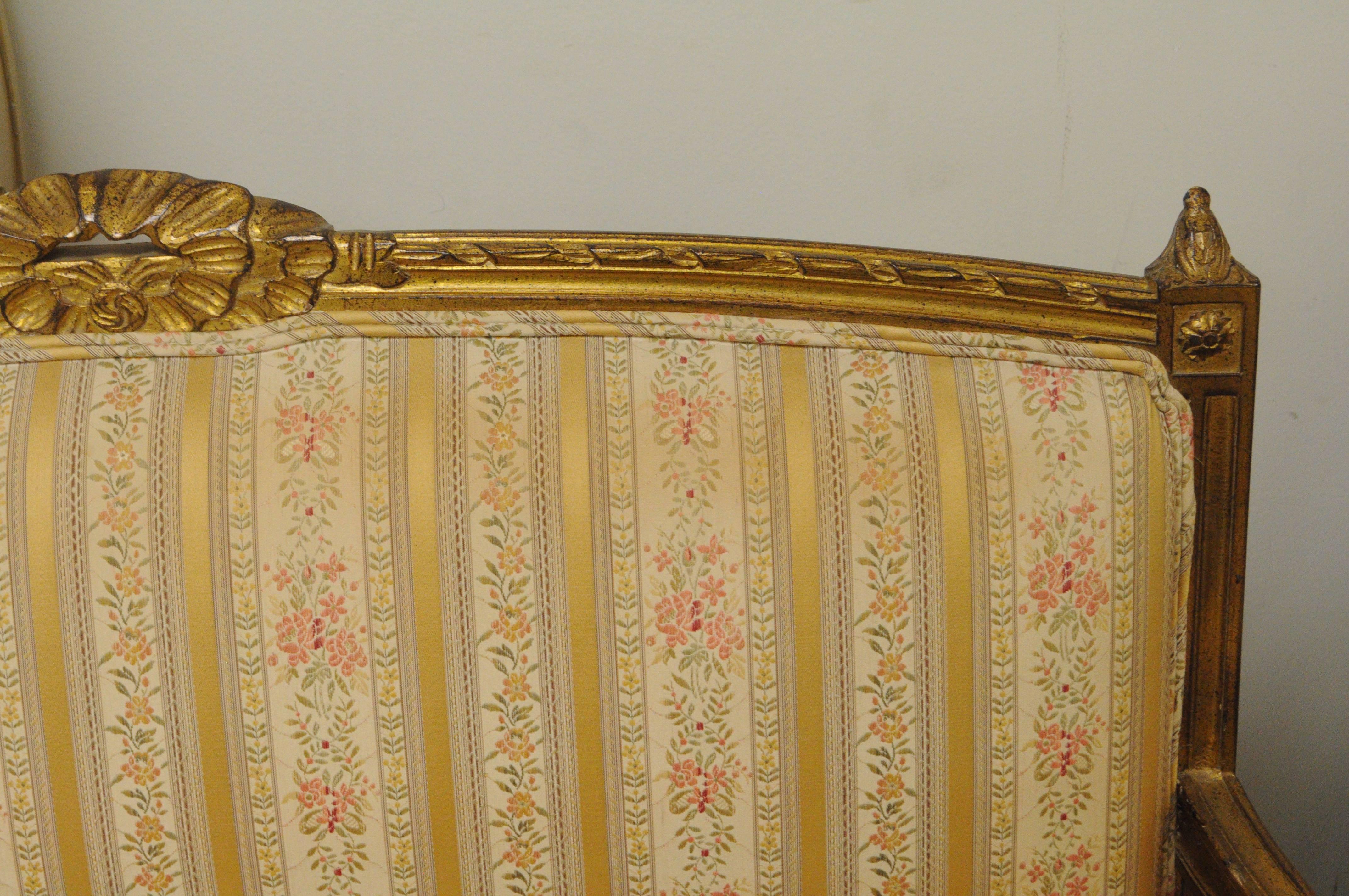 20th Century Gold French Louis XVI Directoire Style Settee Loveseat Carved Upholstered Sofa
