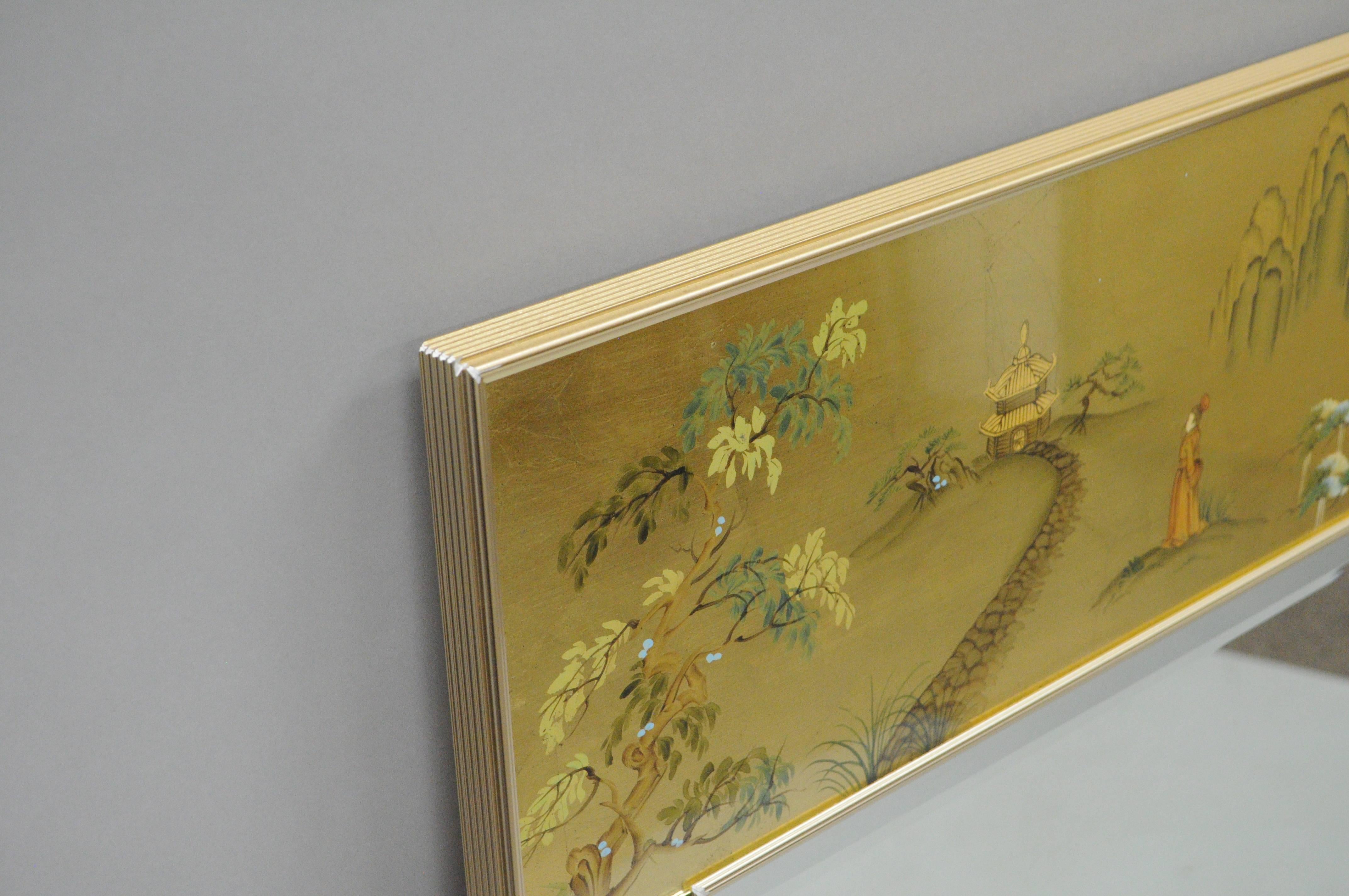 American Labarge Chinoiserie Style Gold Eglomise Wall Mirror Reverse Painted Asian Signed