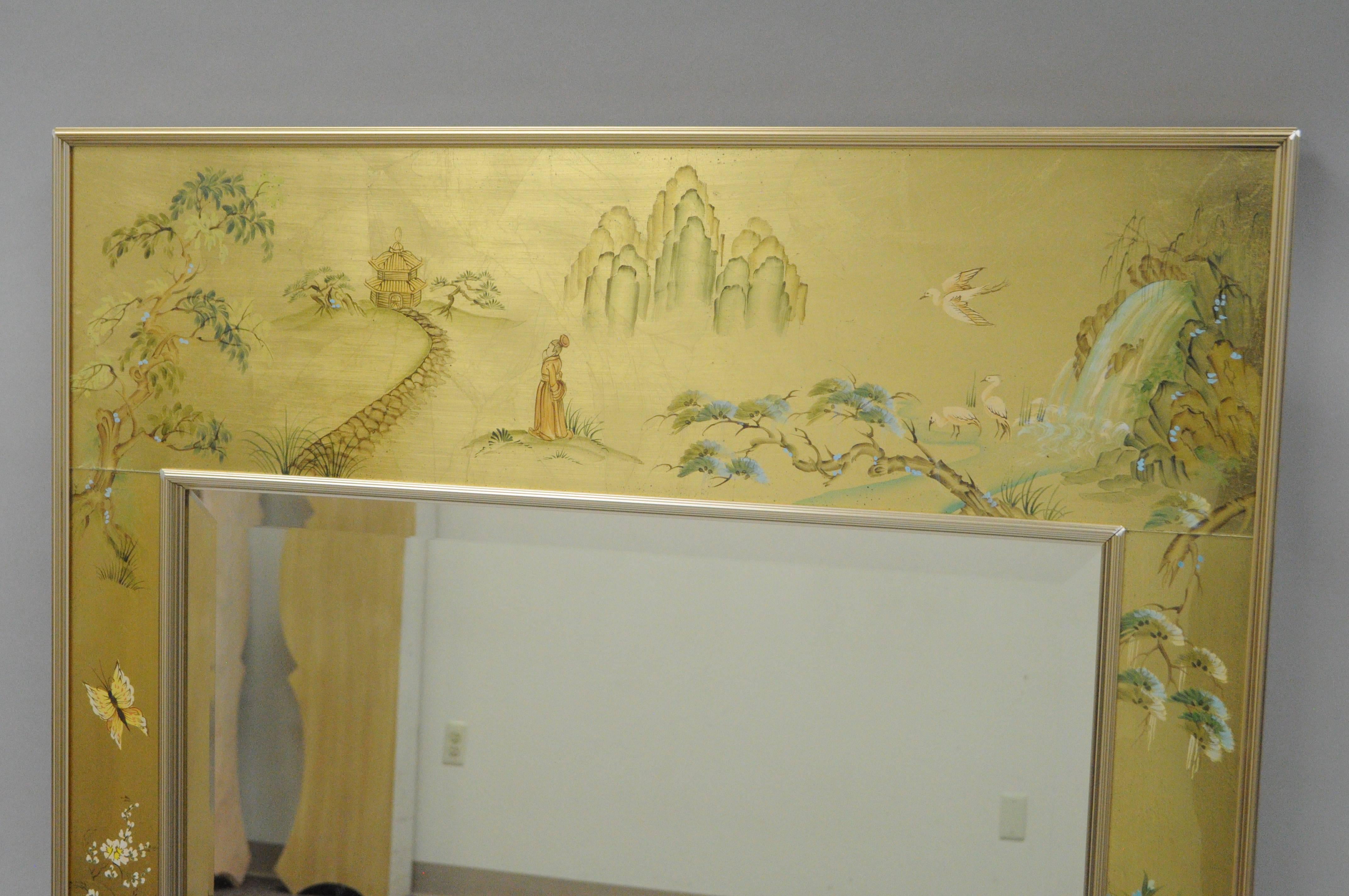 Vintage Labarge chinoiserie Asian Style gold églomisé rectangular wall mirror. Item features a reverse painted gold leaf glass border frame with floral and Asian scenes, beveled glass central mirror, and artist signature. Original Labarge label on