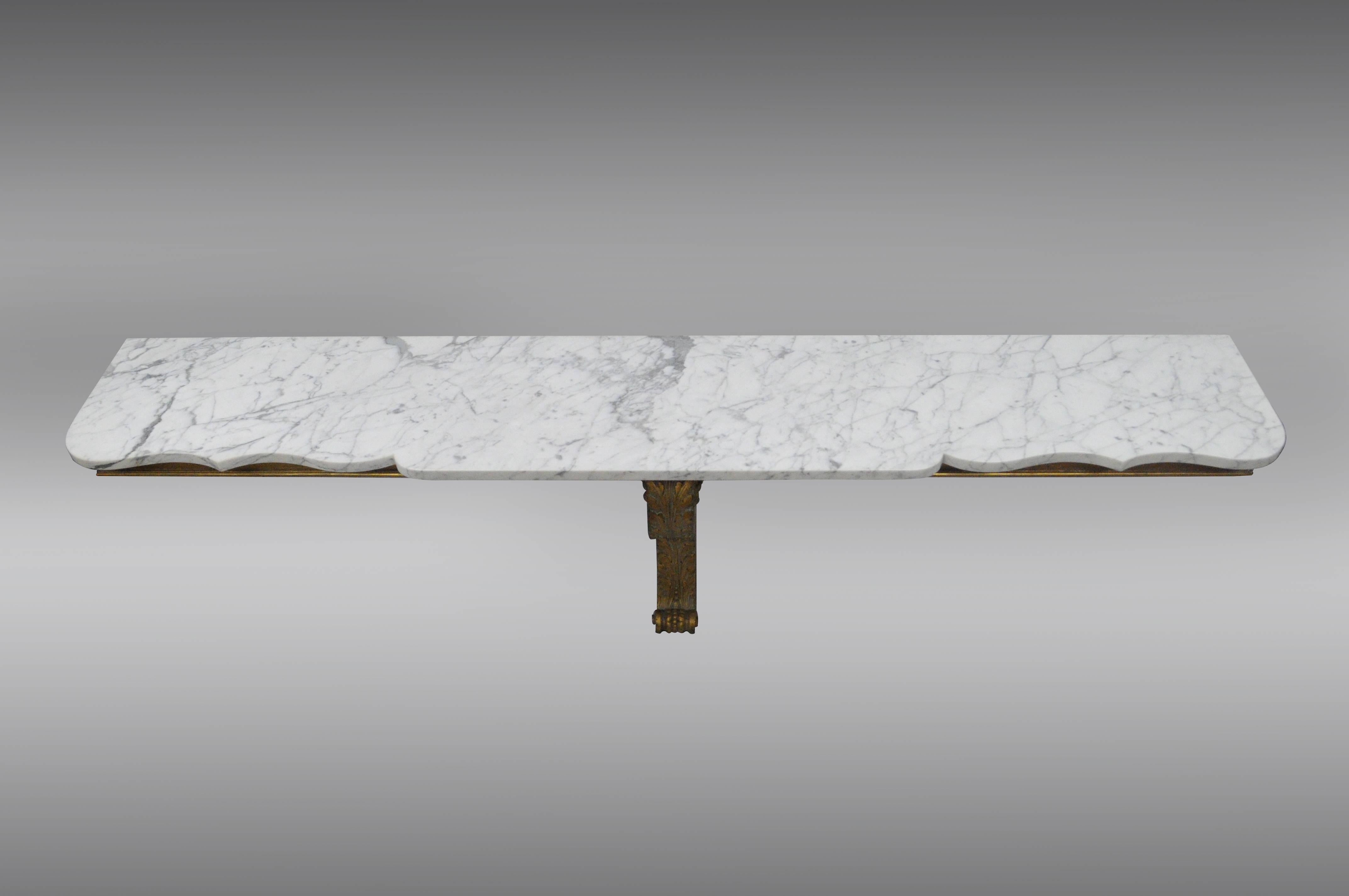 Long French Baroque Style Marble-Top Wall Mount Gold Painted Console Table Shelf In Good Condition In Philadelphia, PA