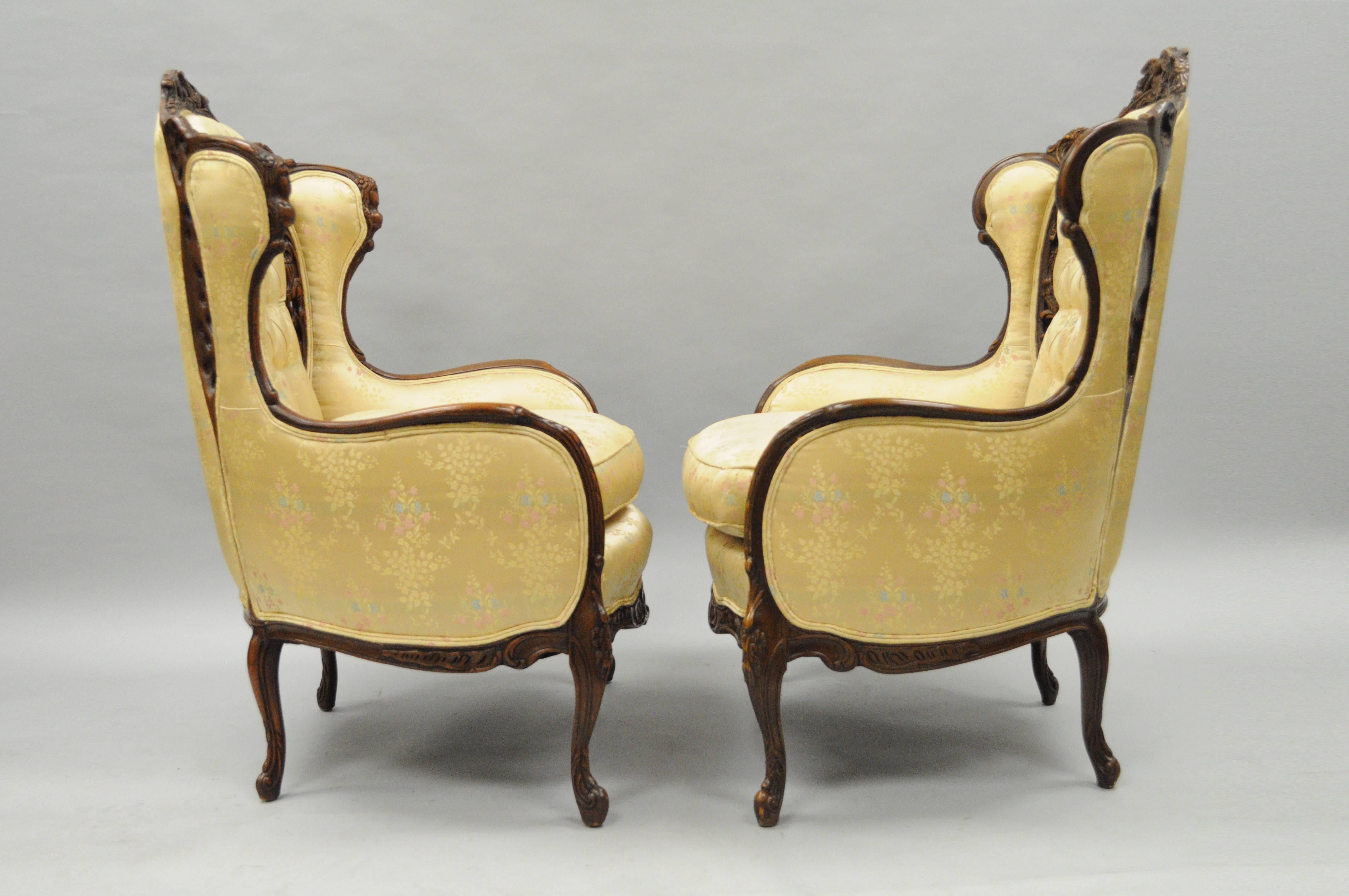 Pair of Carved Wingback French, Louis XV Style Chairs Figural Living Room Parlor 1