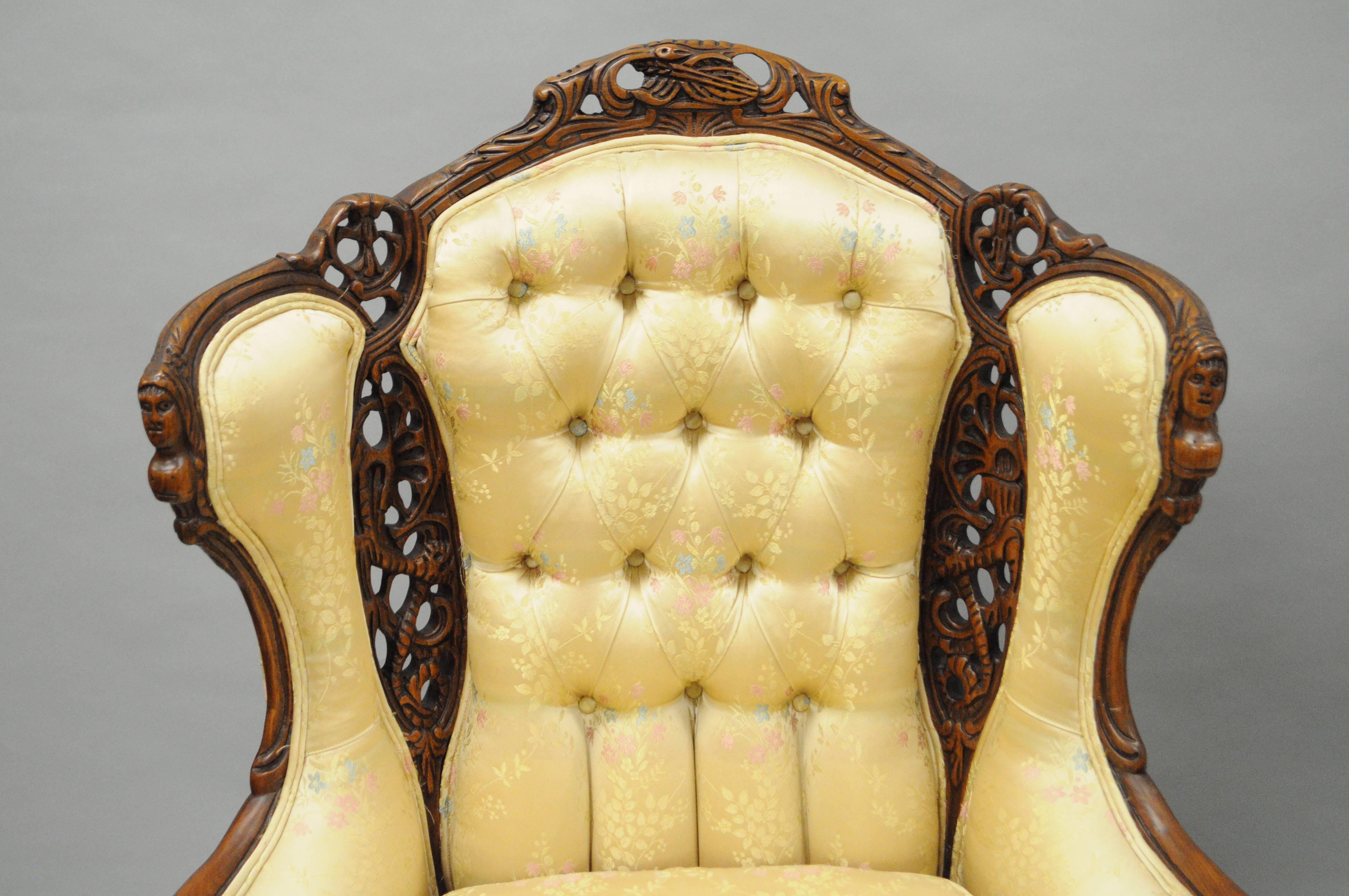 Mid-20th Century Pair of Carved Wingback French, Louis XV Style Chairs Figural Living Room Parlor
