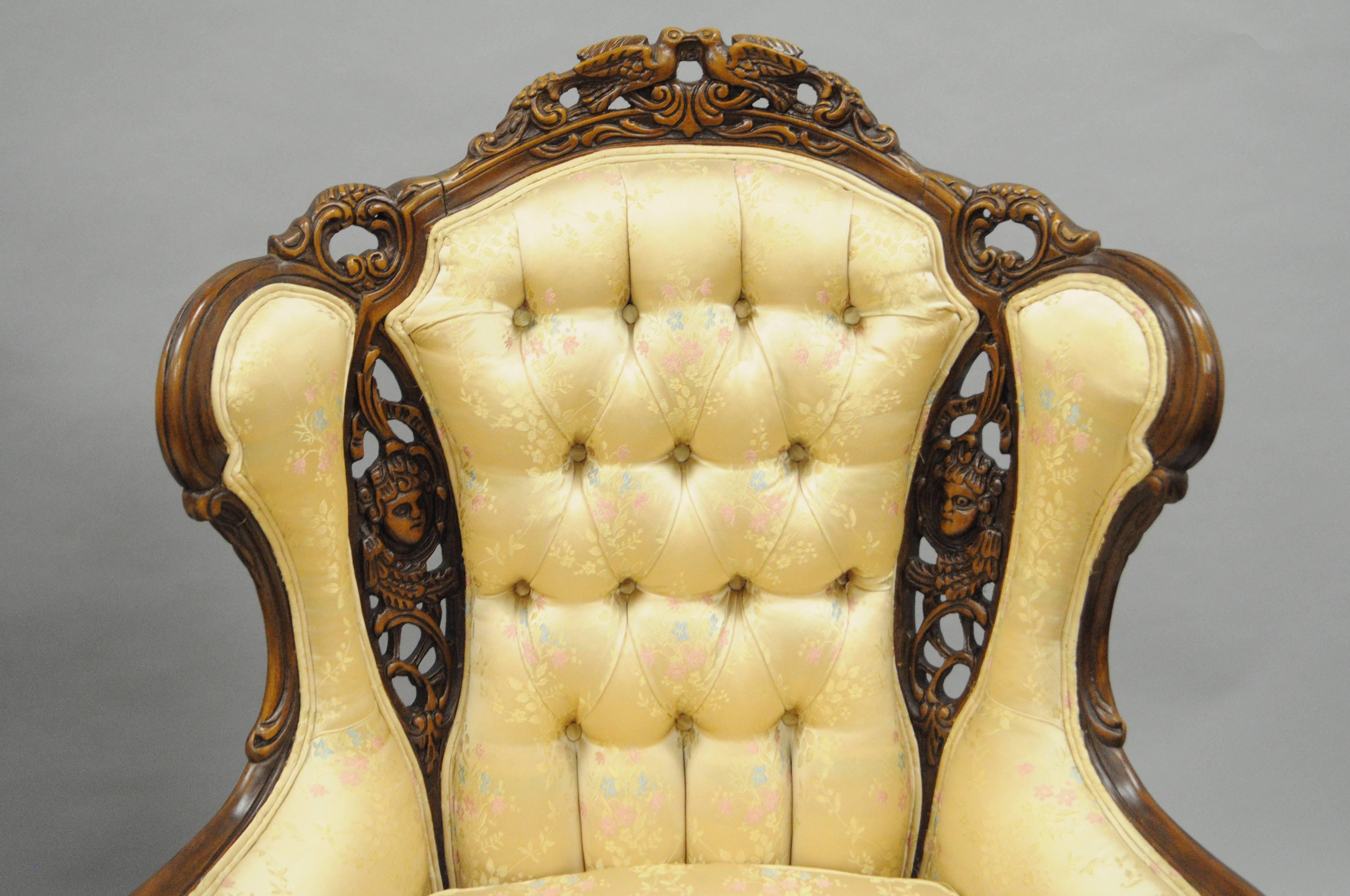 Pair of Carved Wingback French, Louis XV Style Chairs Figural Living Room Parlor In Good Condition In Philadelphia, PA