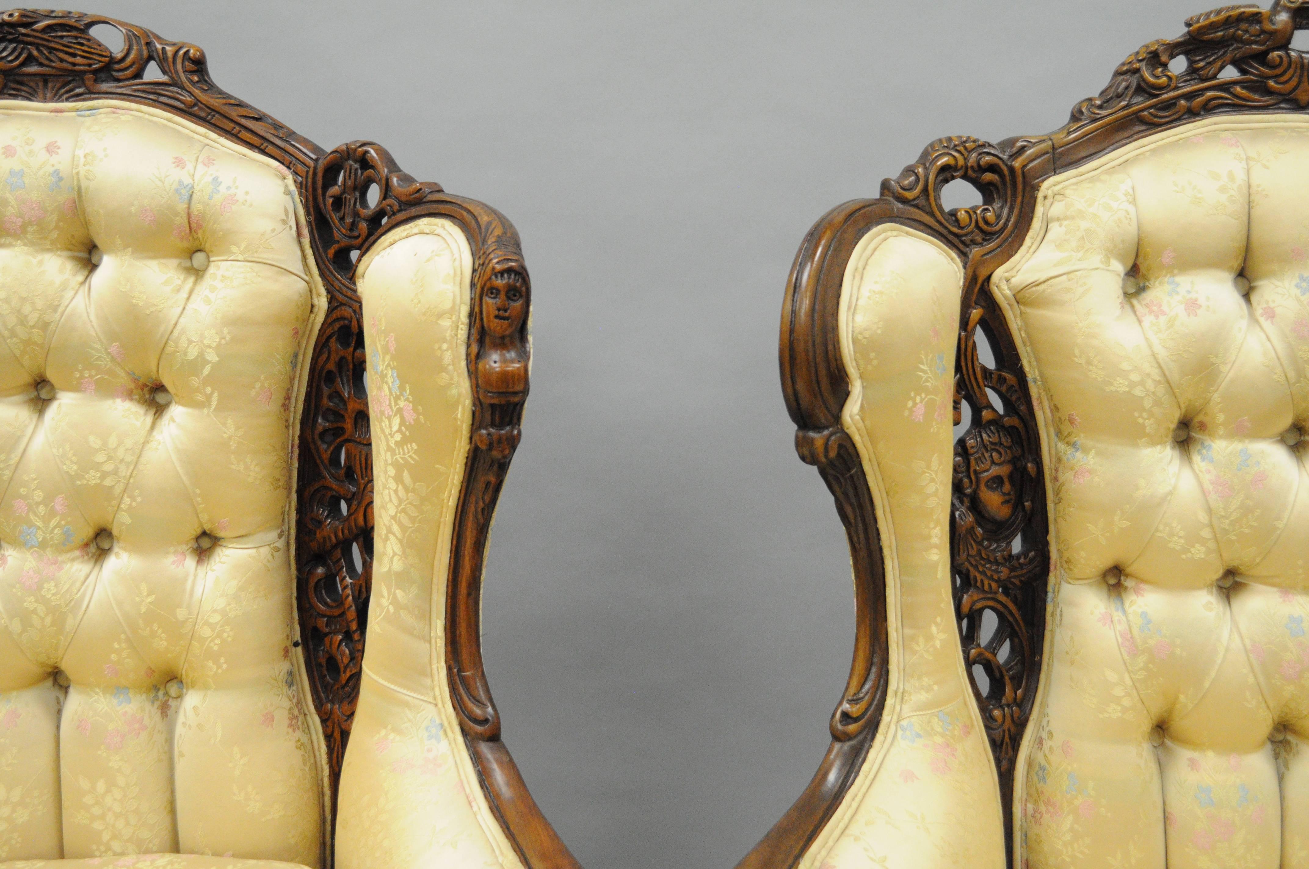 American Pair of Carved Wingback French, Louis XV Style Chairs Figural Living Room Parlor