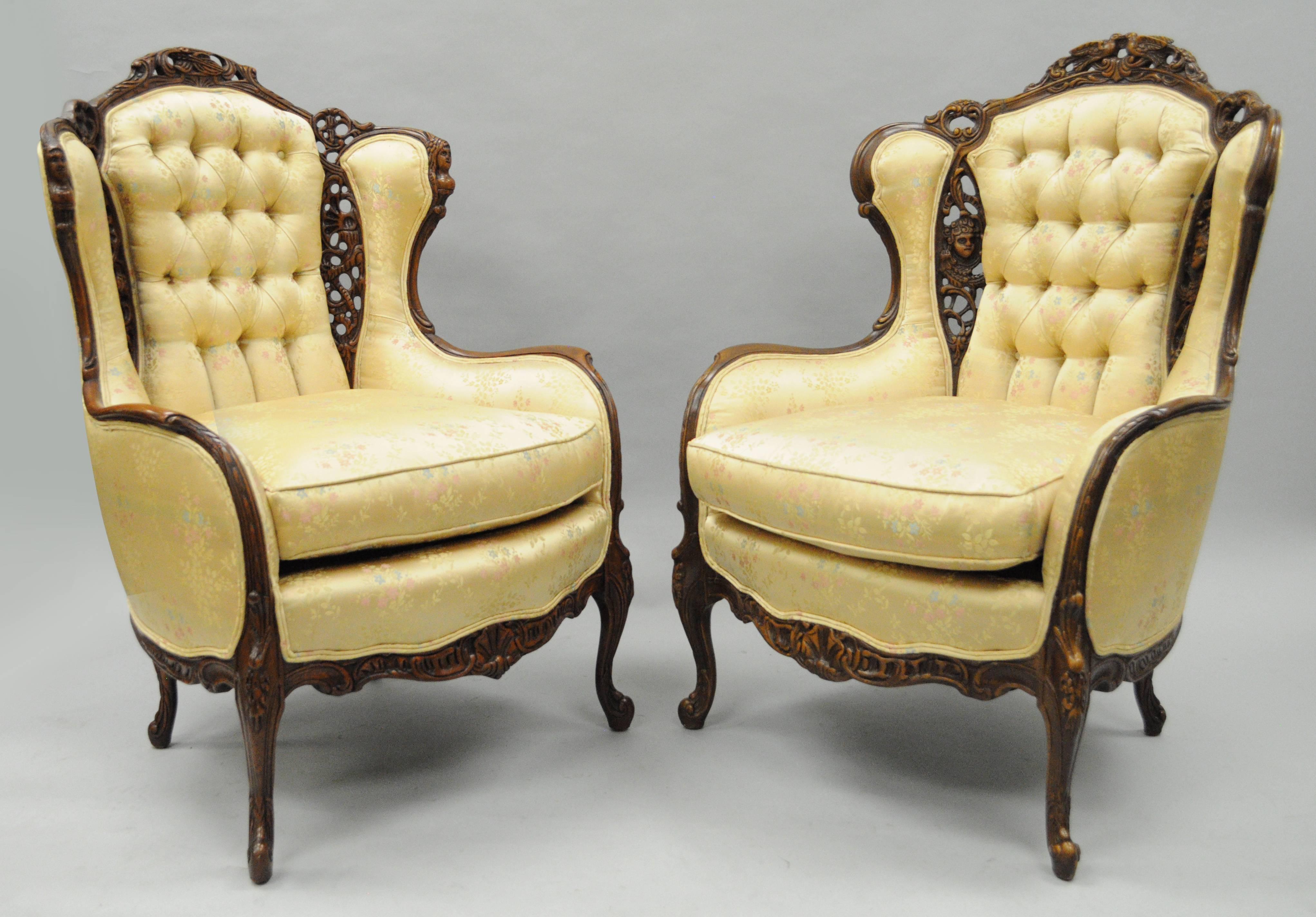 Pair of Carved Wingback French, Louis XV Style Chairs Figural Living Room Parlor 3
