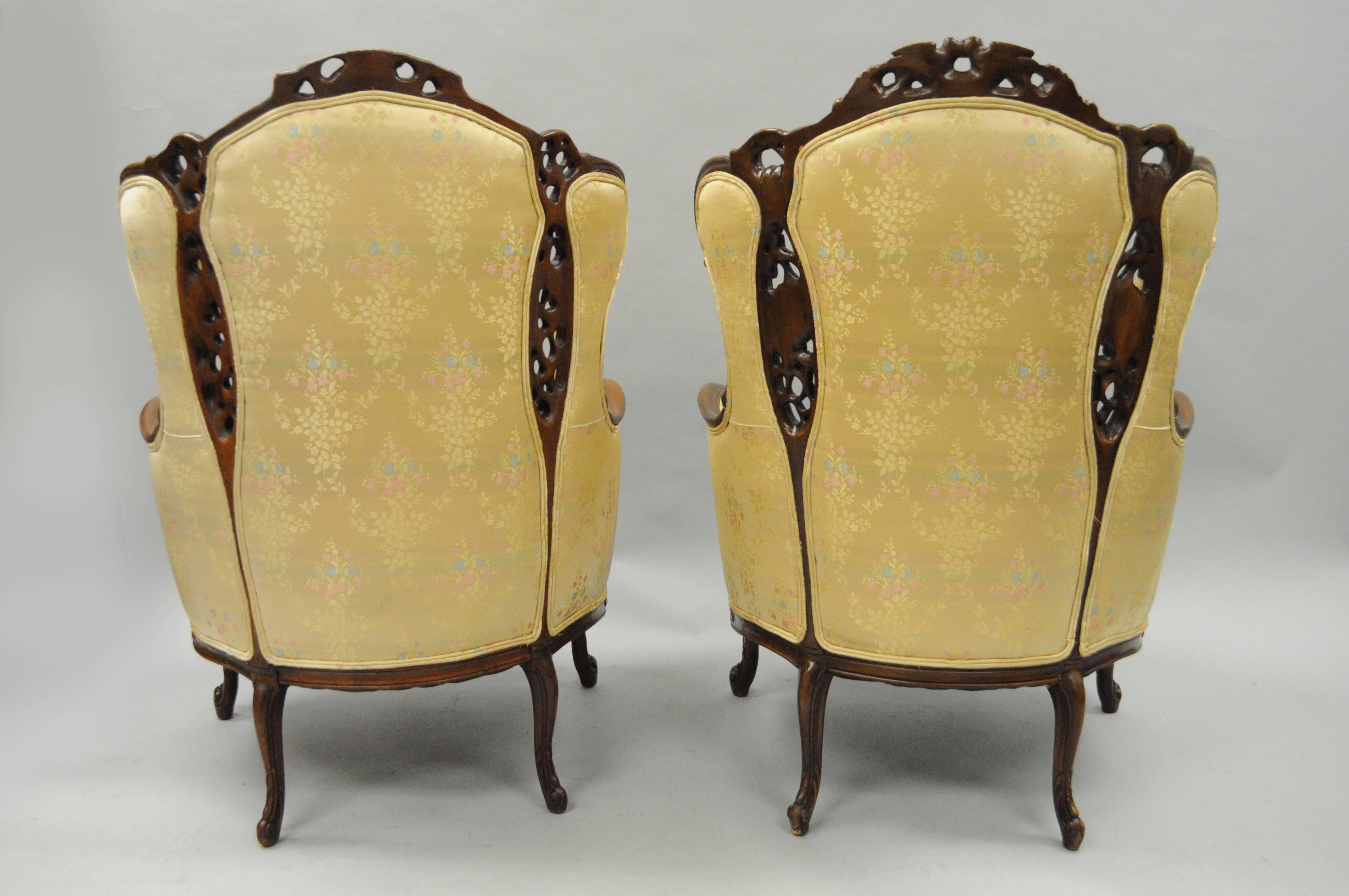 Pair of Carved Wingback French, Louis XV Style Chairs Figural Living Room Parlor 2