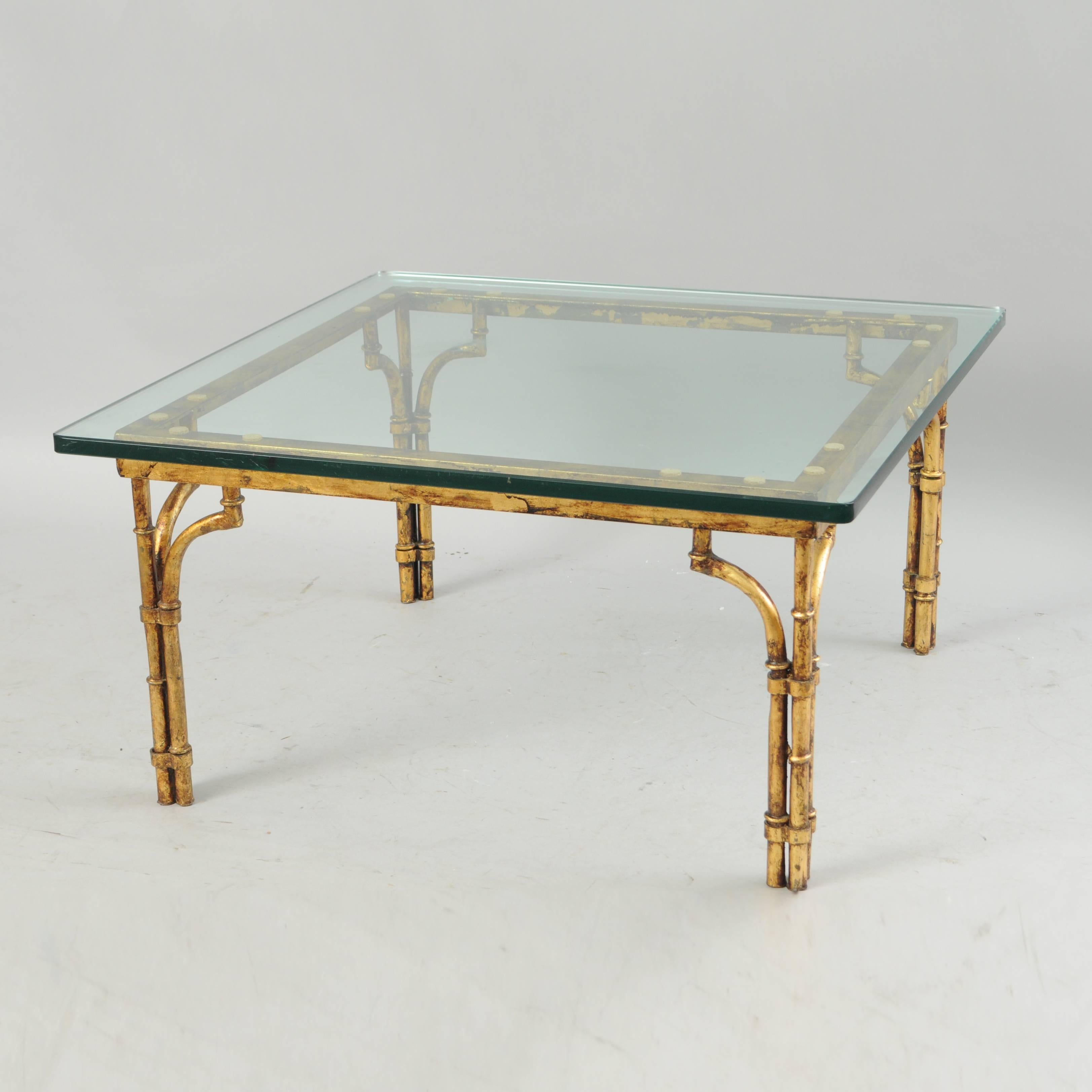 Italian Gold Gilt Iron and Glass Faux Bamboo Metal Square Coffee Table Vintage 1