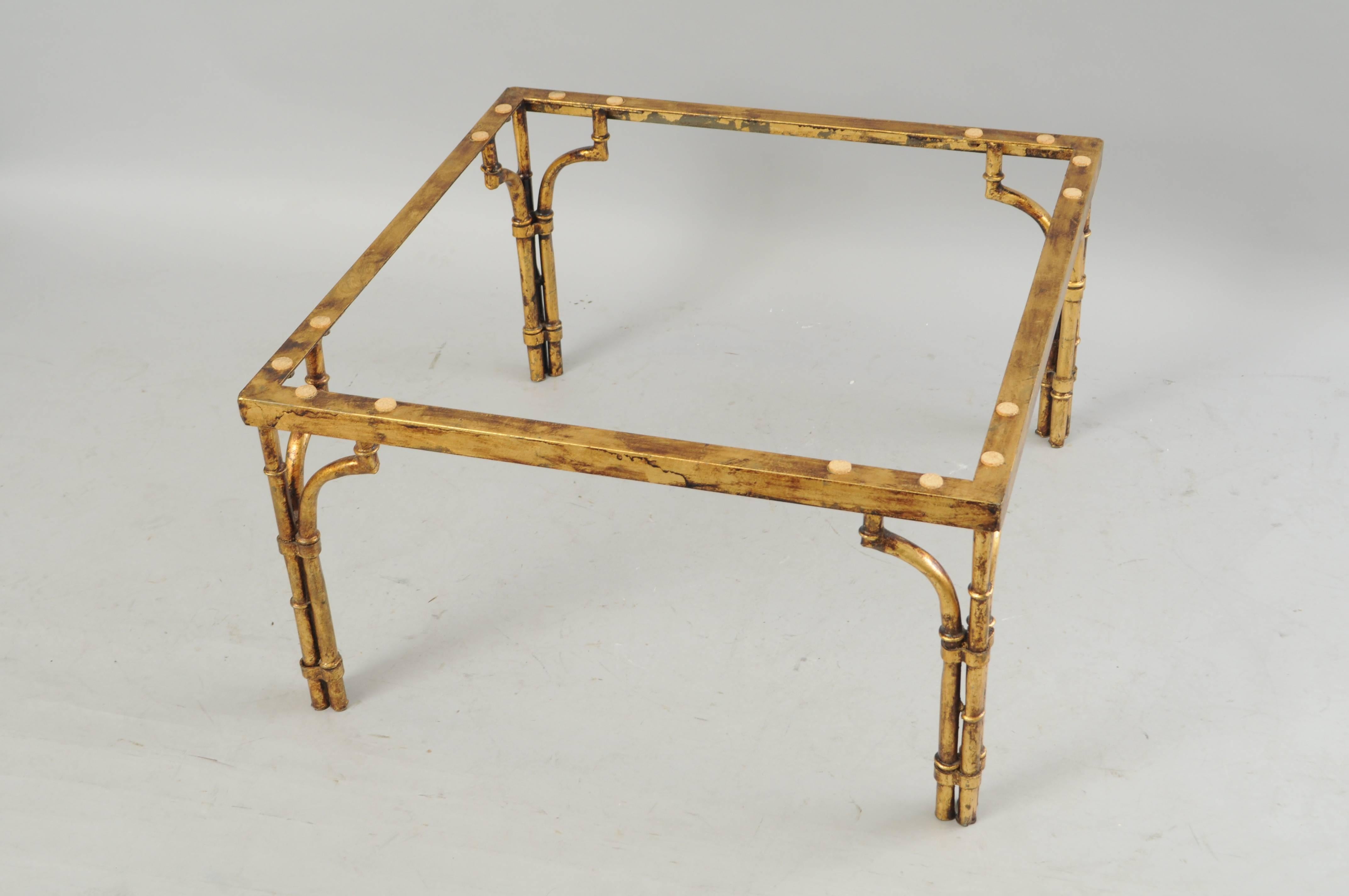 Late 20th Century Italian Gold Gilt Iron and Glass Faux Bamboo Metal Square Coffee Table Vintage