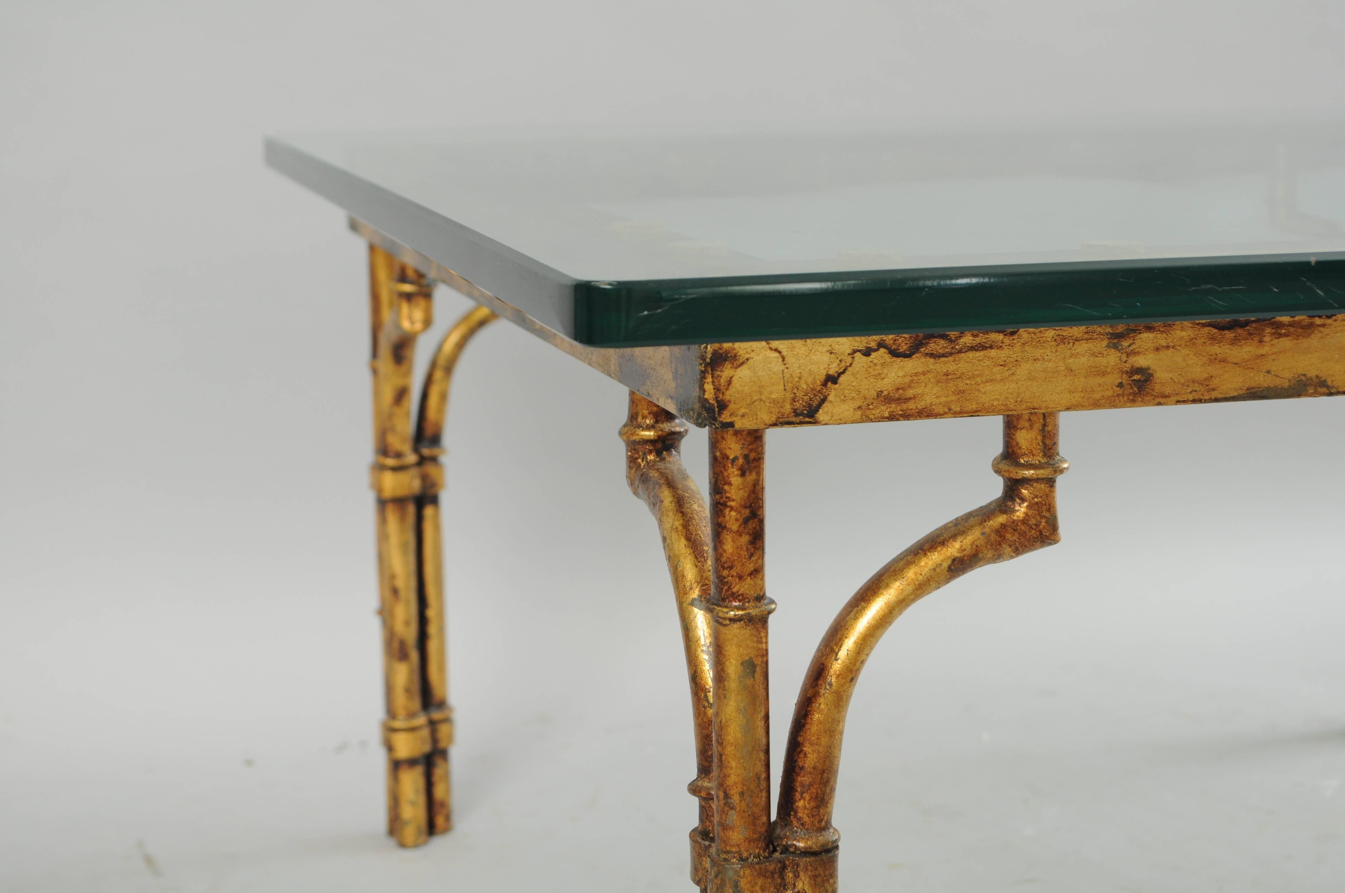 Hollywood Regency Italian Gold Gilt Iron and Glass Faux Bamboo Metal Square Coffee Table Vintage