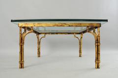 Italian Gold Gilt Iron and Glass Faux Bamboo Metal Square Coffee Table Vintage