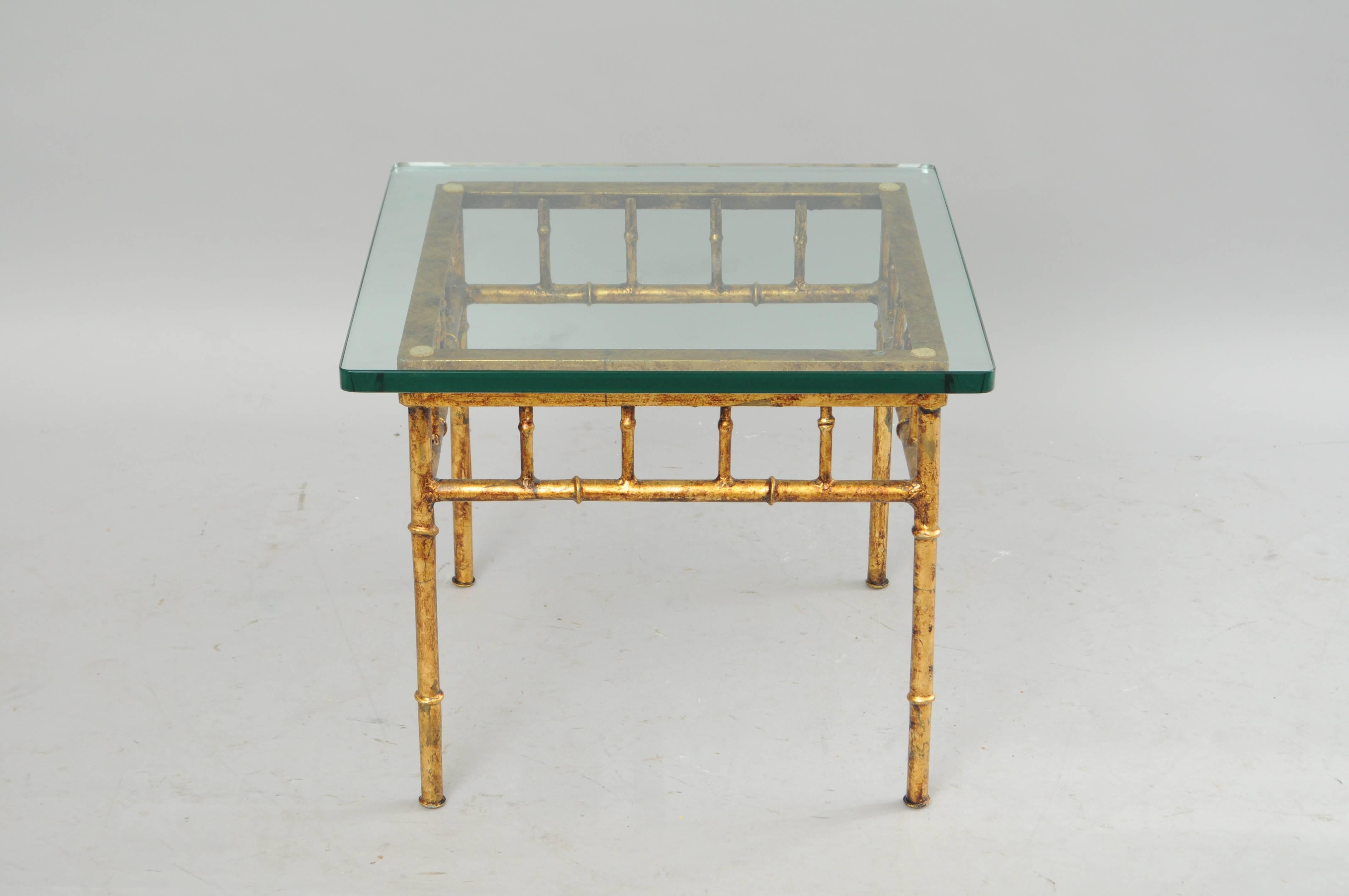 Italian Gold Gilt Iron and Glass Faux Bamboo Metal Square Low Accent