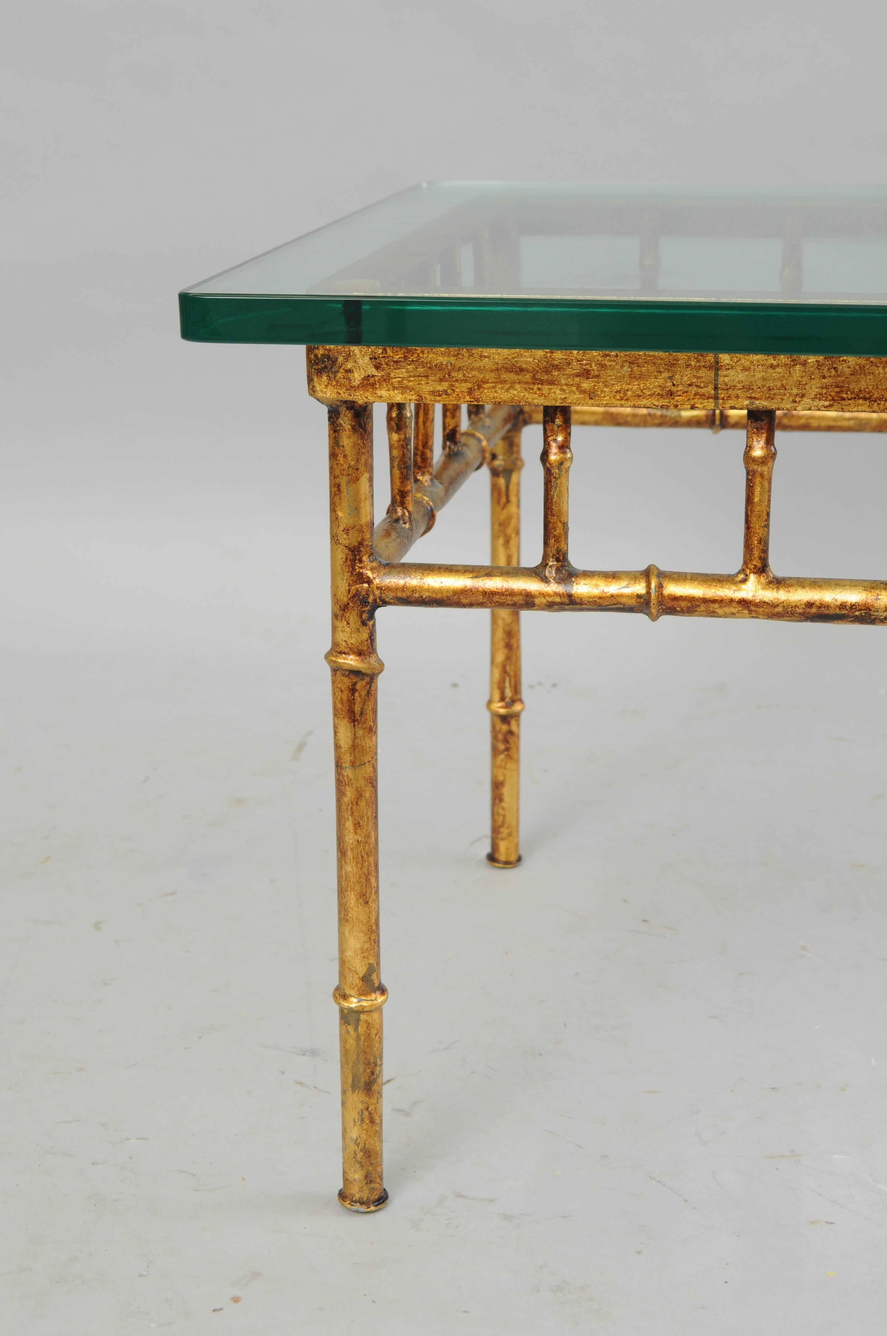 Italian Gold Gilt Iron and Glass Faux Bamboo Metal Square Low Accent Side Table In Good Condition In Philadelphia, PA