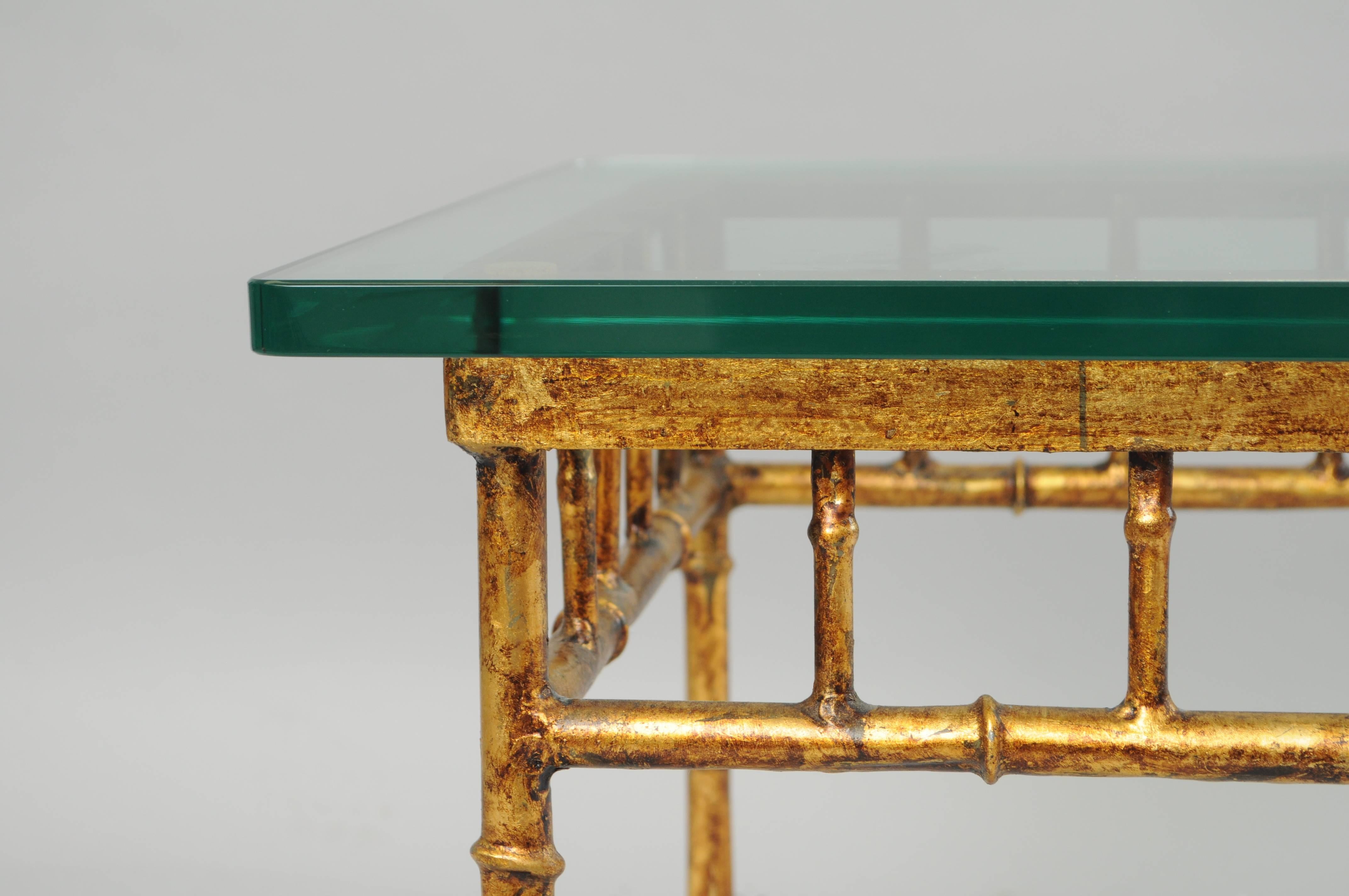 Late 20th Century Italian Gold Gilt Iron and Glass Faux Bamboo Metal Square Low Accent Side Table