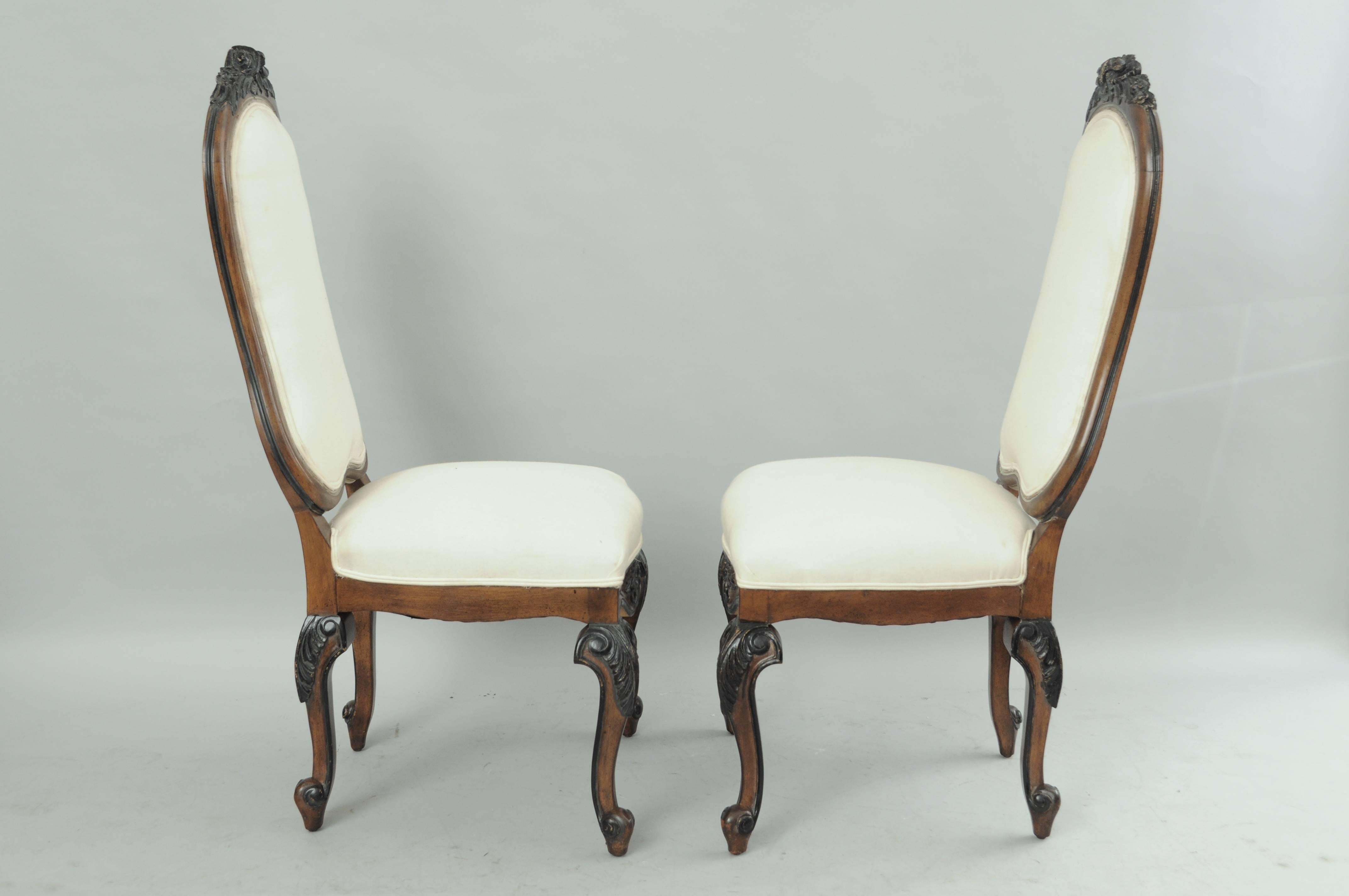 20th Century Set of 8 Italian Baroque Style Carved Walnut Upholstered Tall Back Dining Chairs