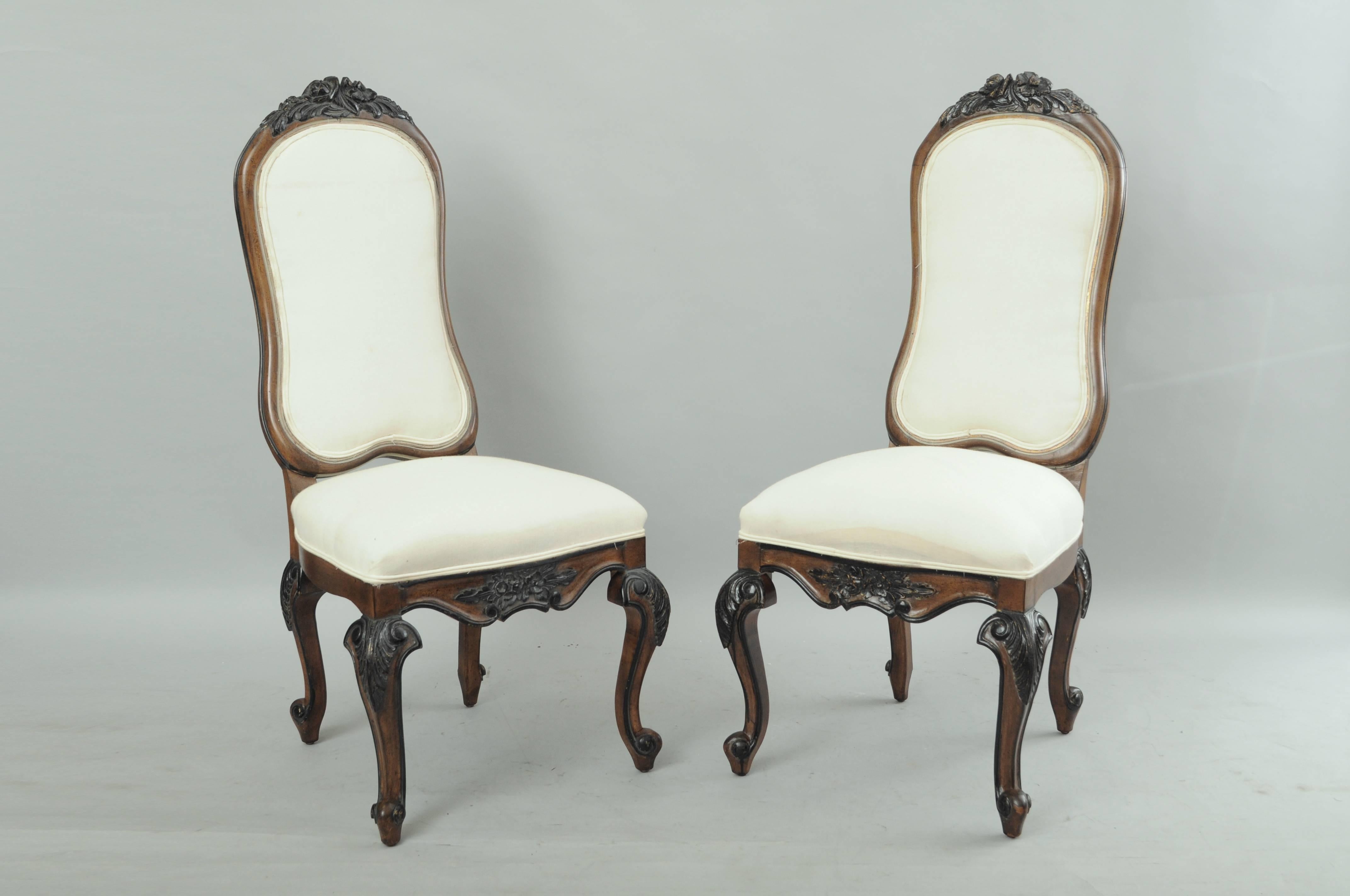 Set of 8 Italian Baroque Style Carved Walnut Upholstered Tall Back Dining Chairs 3