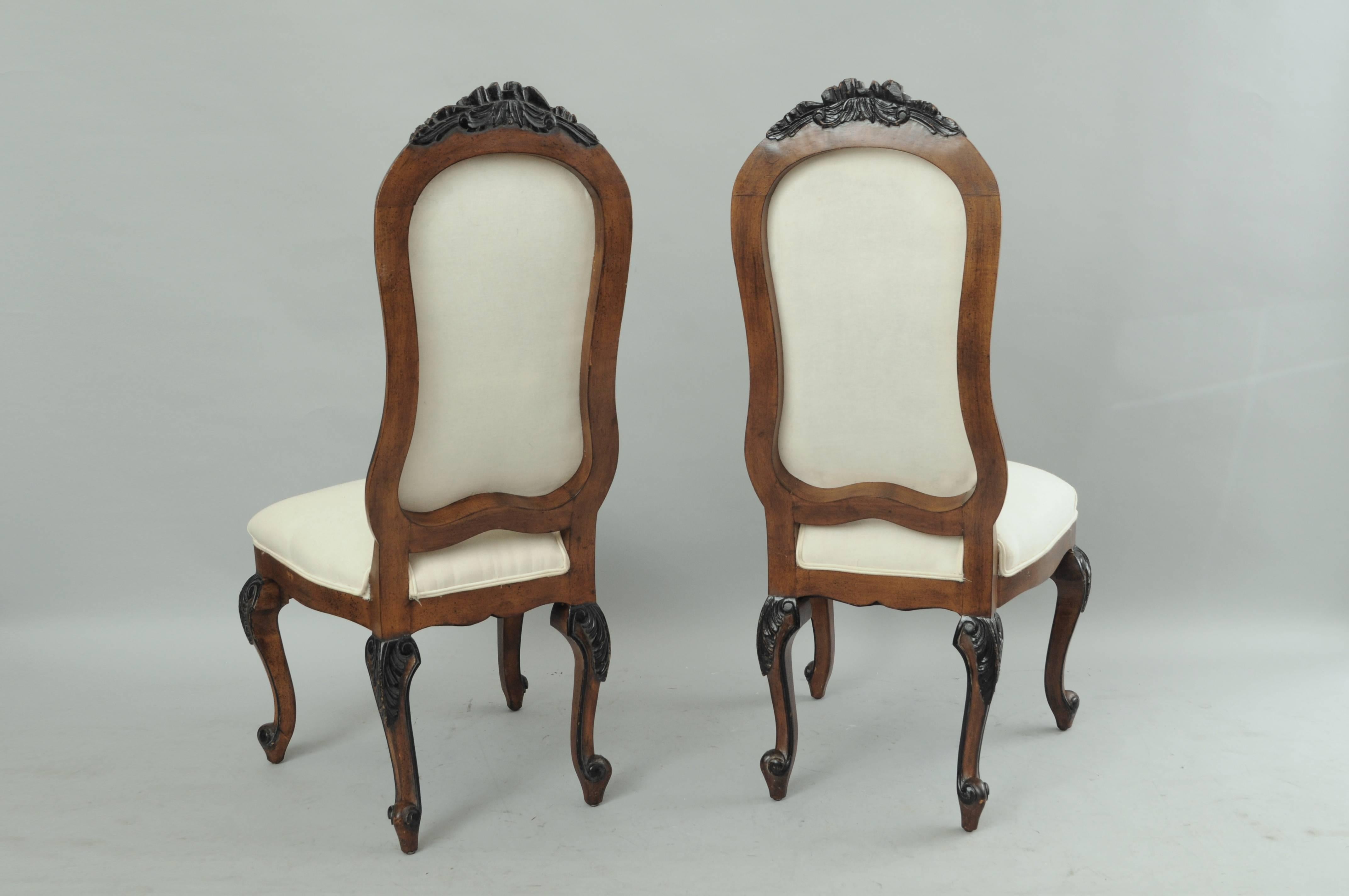 Set of 8 Italian Baroque Style Carved Walnut Upholstered Tall Back Dining Chairs 2