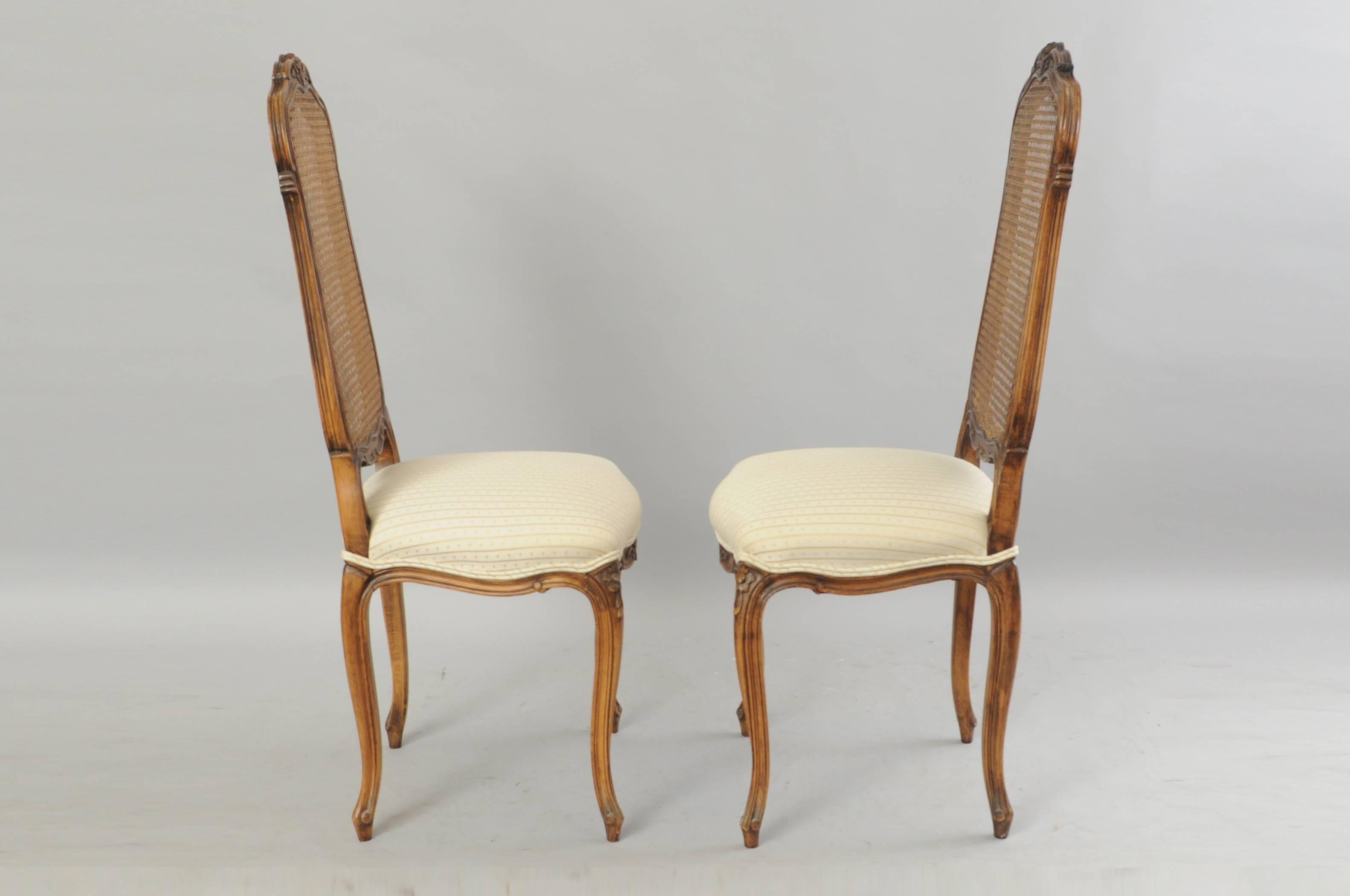 20th Century Set of Six French Country Louis XV Style Cane Back Walnut Dining Side Chairs